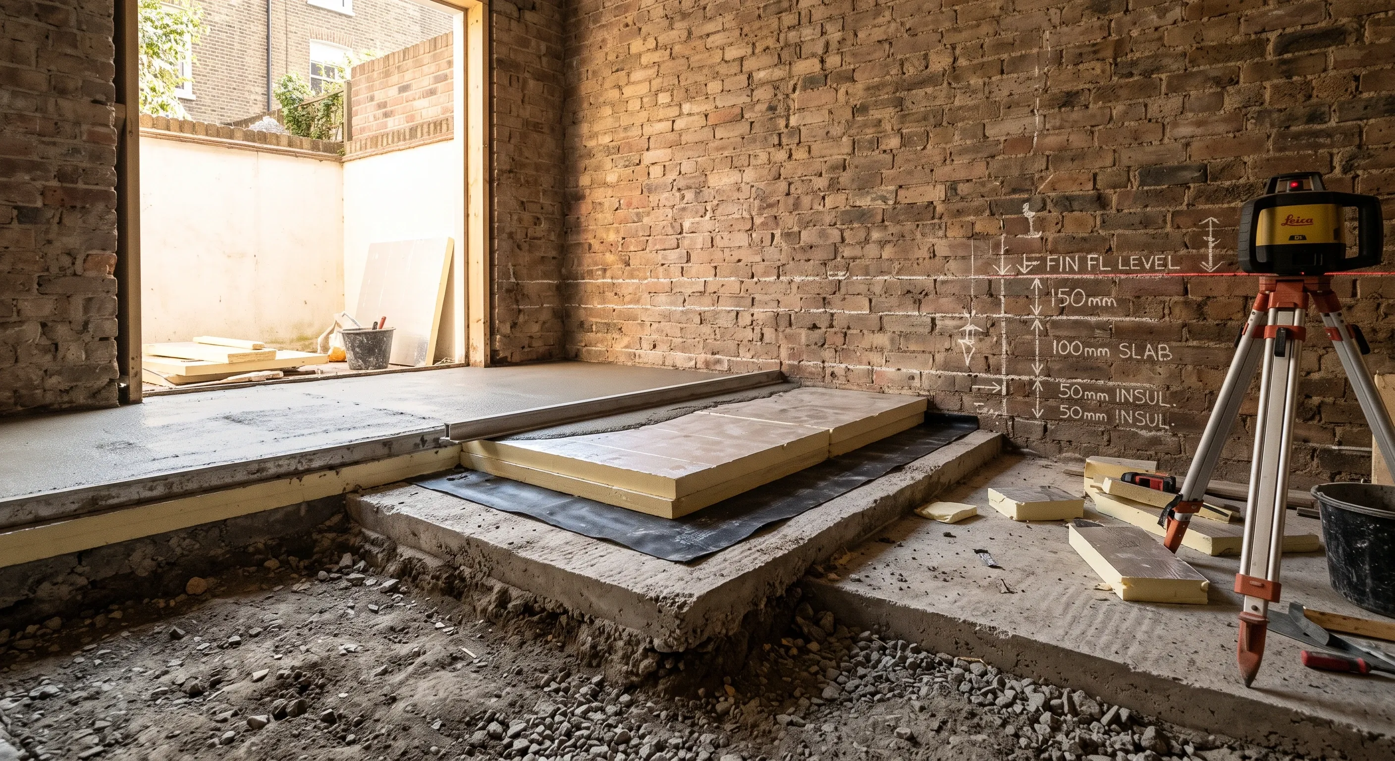 A stepped section through a basement floor build-up with datum marks on the wall showing finished floor level.