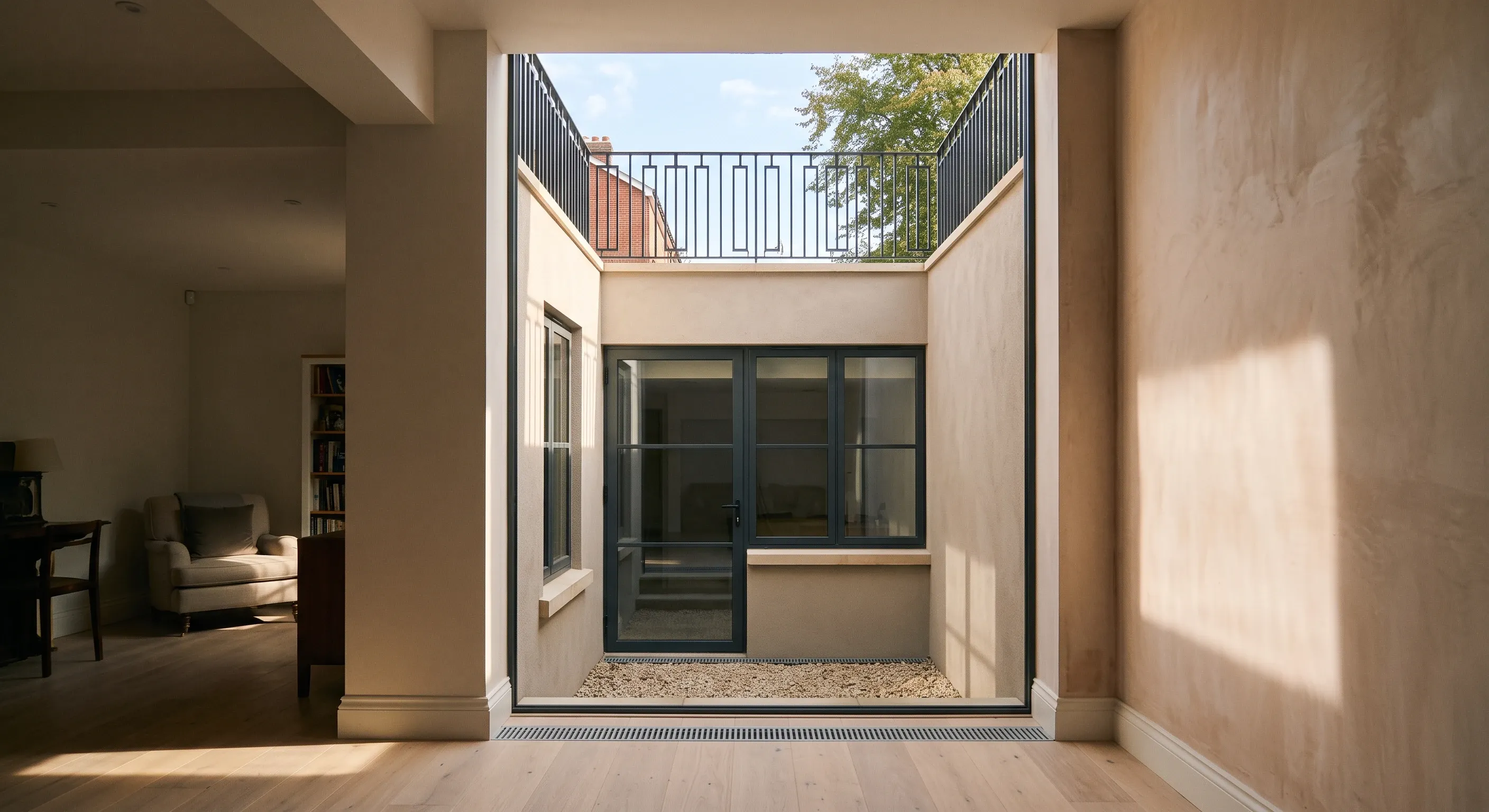 A basement room looking out and up through a new lightwell to railings and pavement at street level.