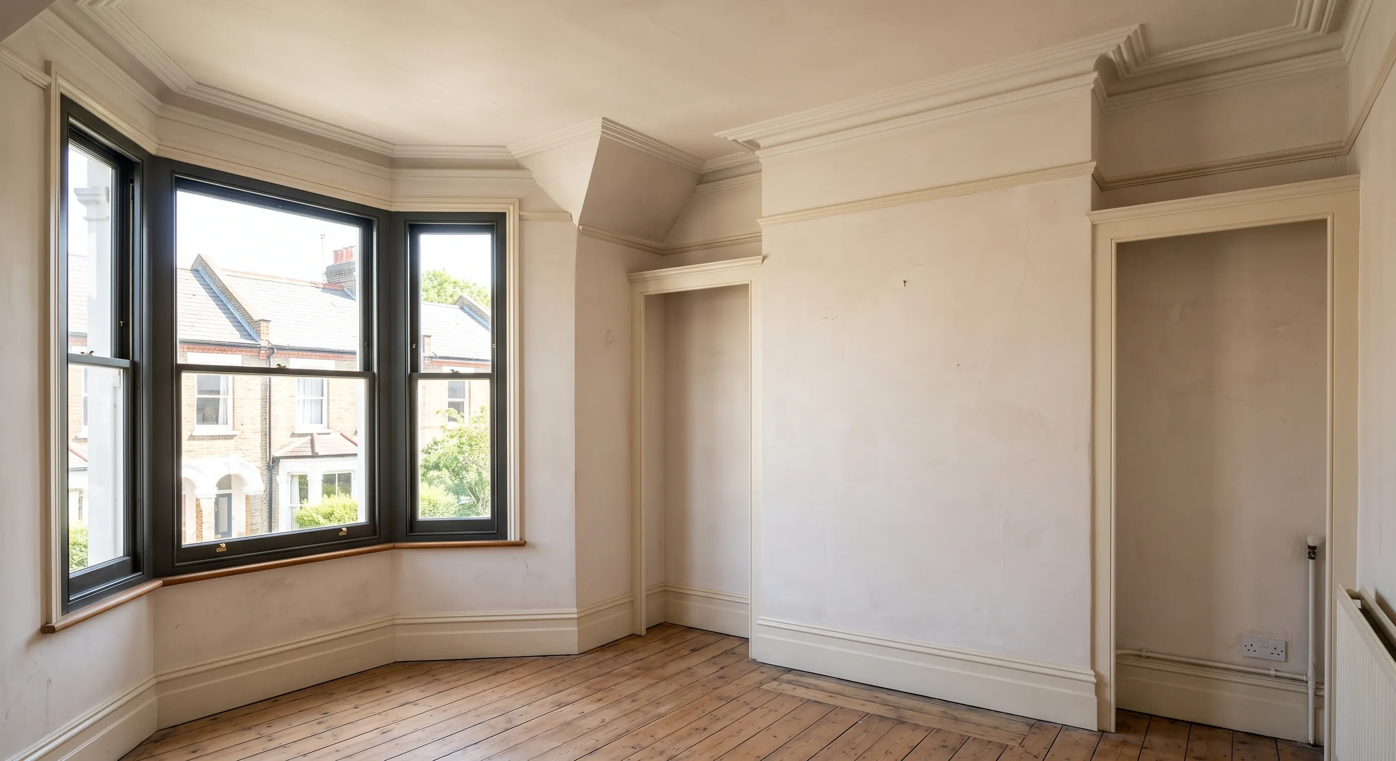 An empty Edwardian front bedroom with a canted bay window, chimney breast alcoves, picture rail and moulded cornice.