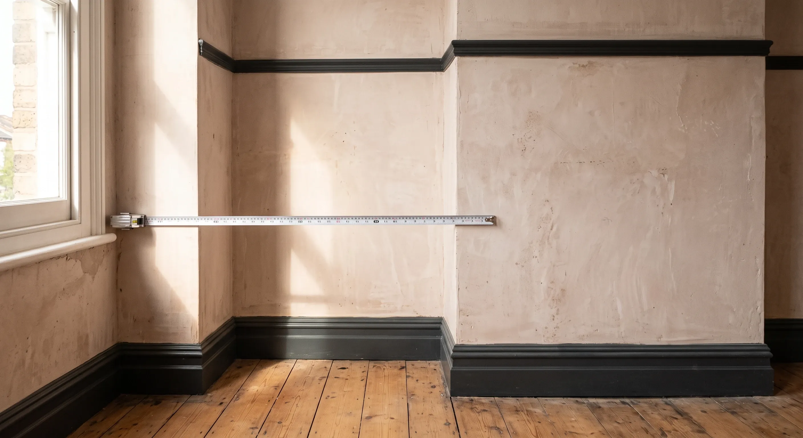 A bedroom alcove beside a chimney breast with a tape measure extended across it to show the depth.