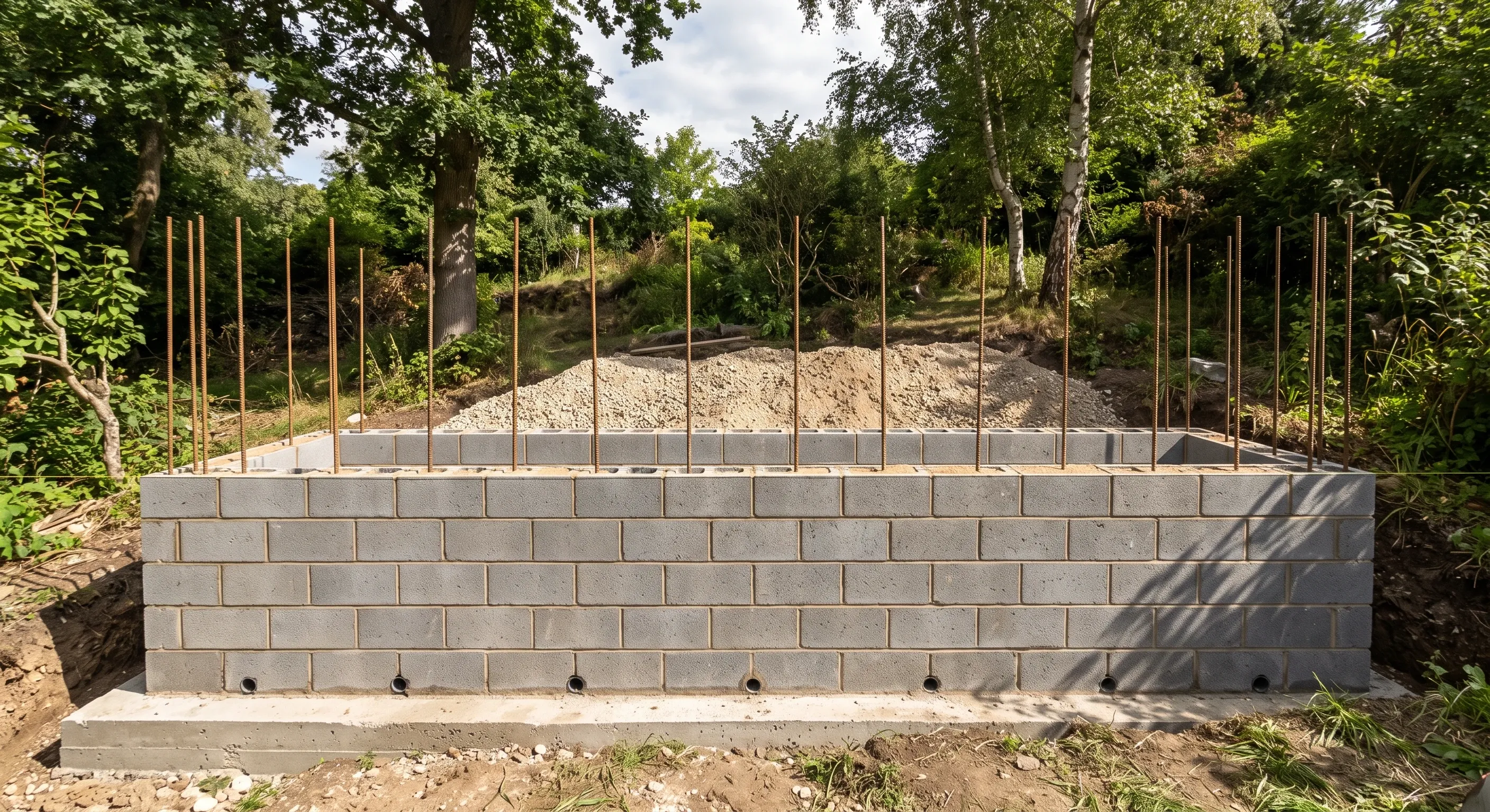 A reinforced blockwork retaining wall part built, with starter bars rising through the cores and weep holes at the base.