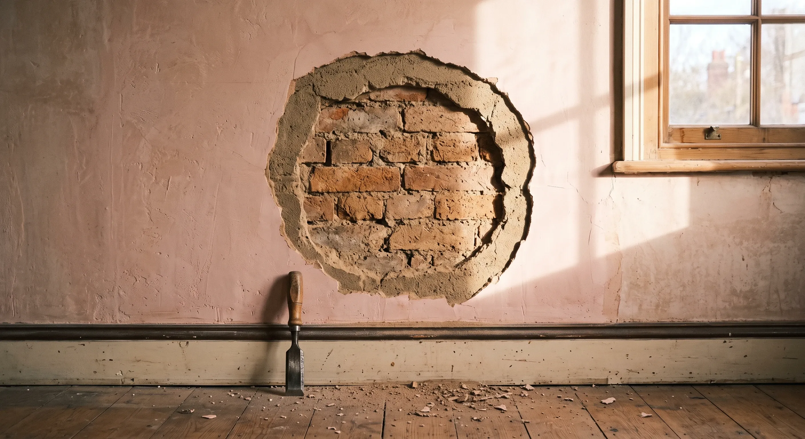 A patch of blown plaster removed from a wall, exposing the backing coat and the brickwork behind.