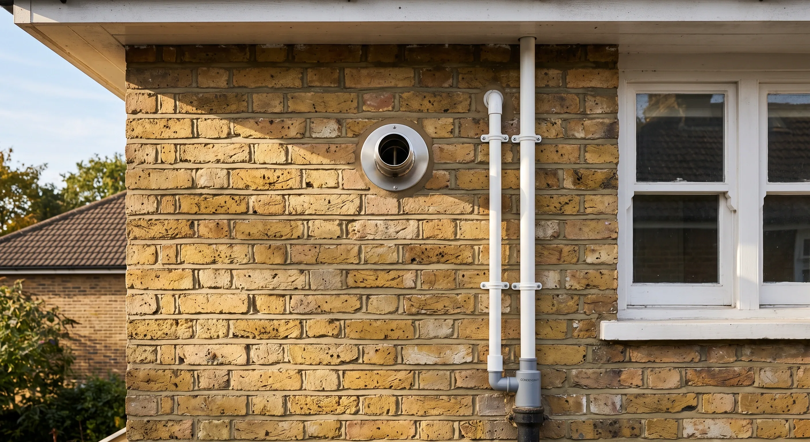 A boiler flue terminal set neatly in a brick wall with a clipped insulated condensate pipe running down to a soil stack.