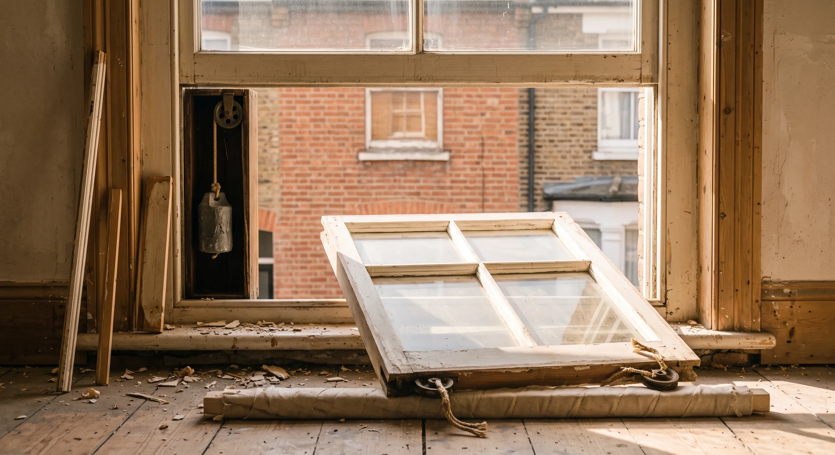 A period box sash window with the beads removed and the pocket open, showing a lead weight on its cord and a brass pulley in the frame.