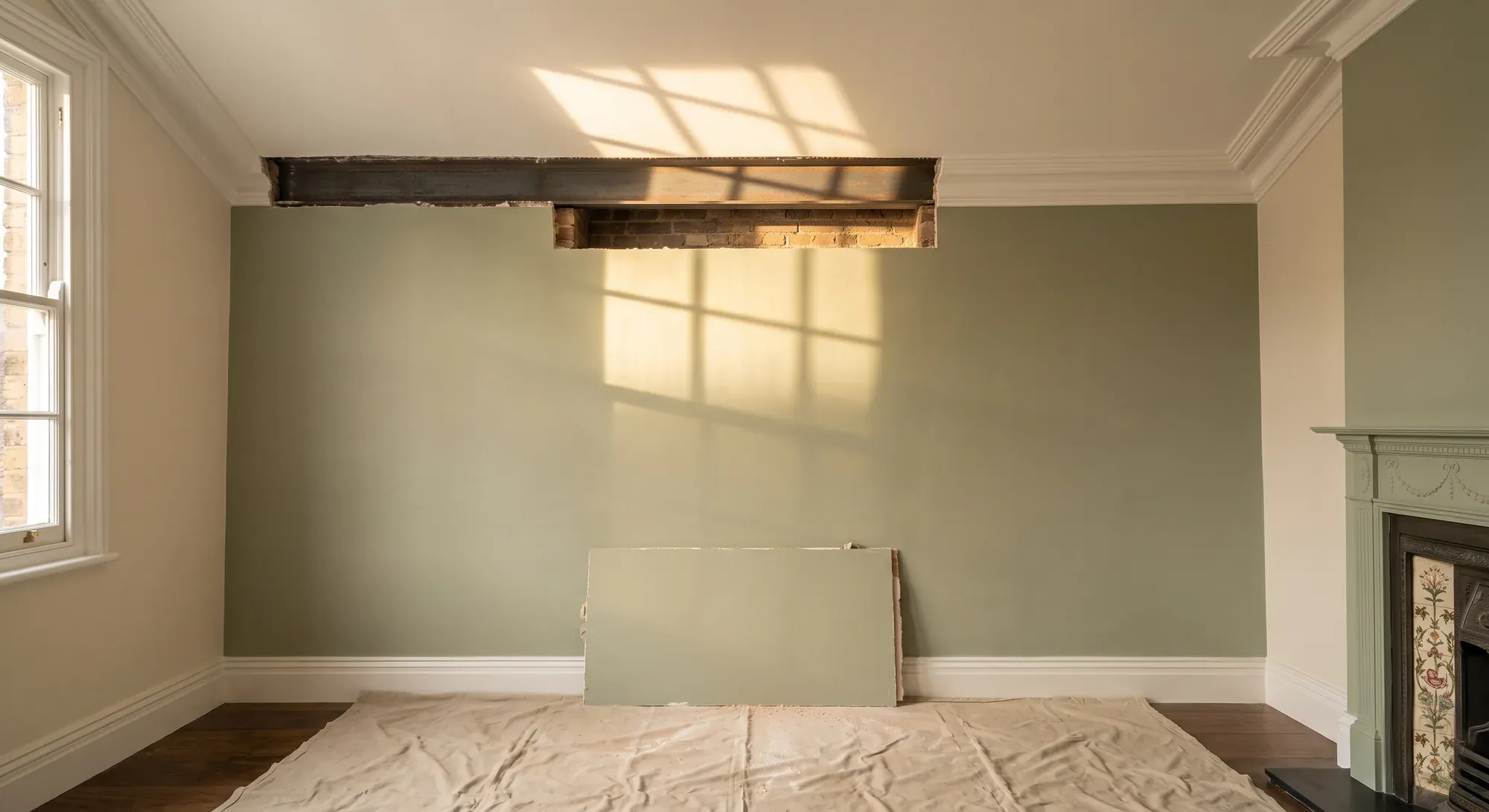 A section of boxing removed from a steel beam in a finished room, exposing the steel and its bearing