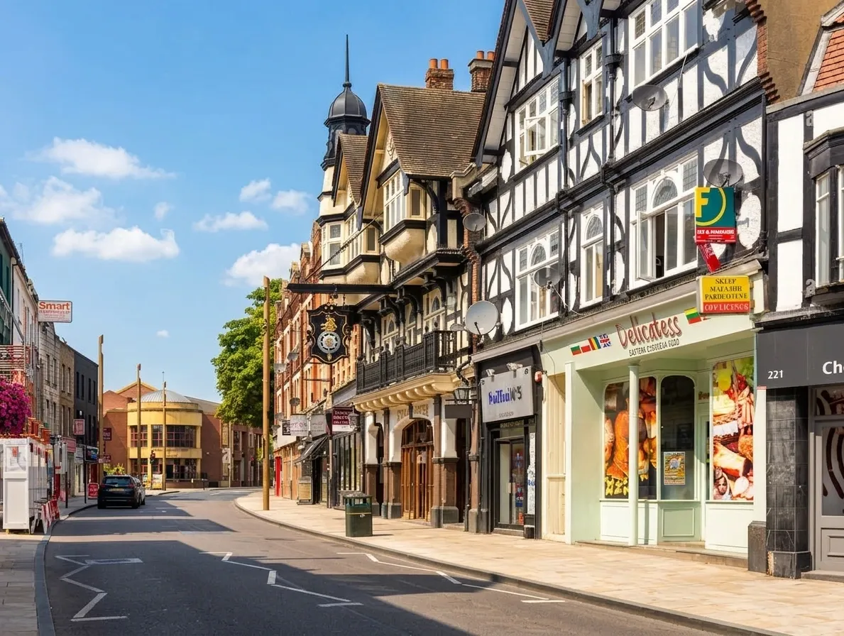A mock-Tudor parade of shops along a sunlit suburban high street, with a delicatessen and a rounded 1930s building further down the road.