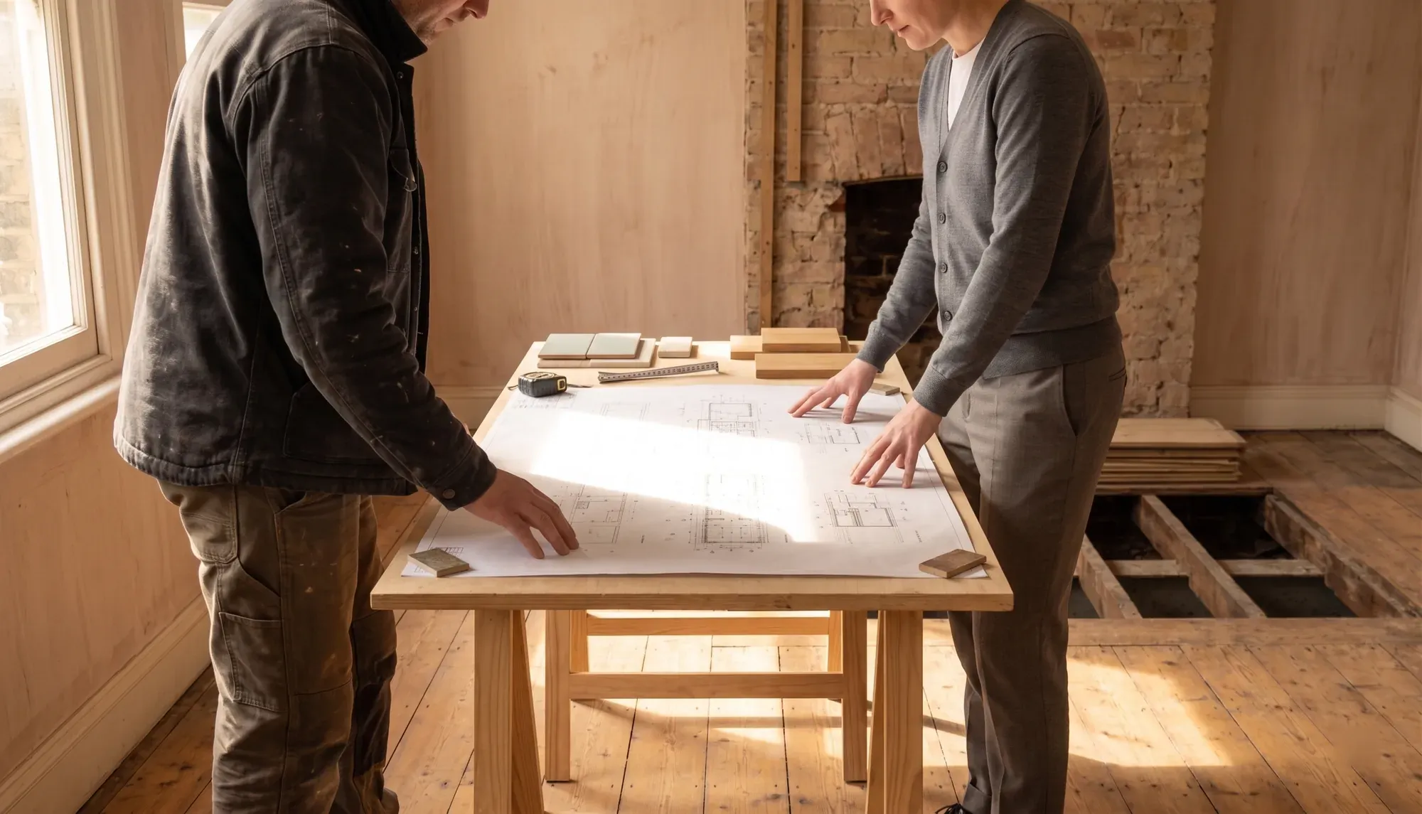 A builder and a homeowner looking over architectural drawings on a trestle table in a stripped London room