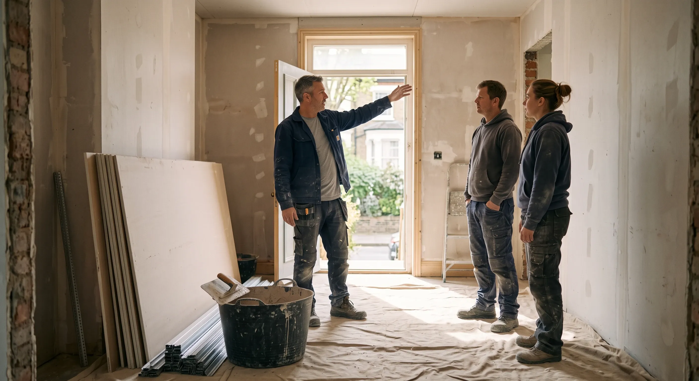 A builder talking to two tradespeople in a room being prepared for plastering.