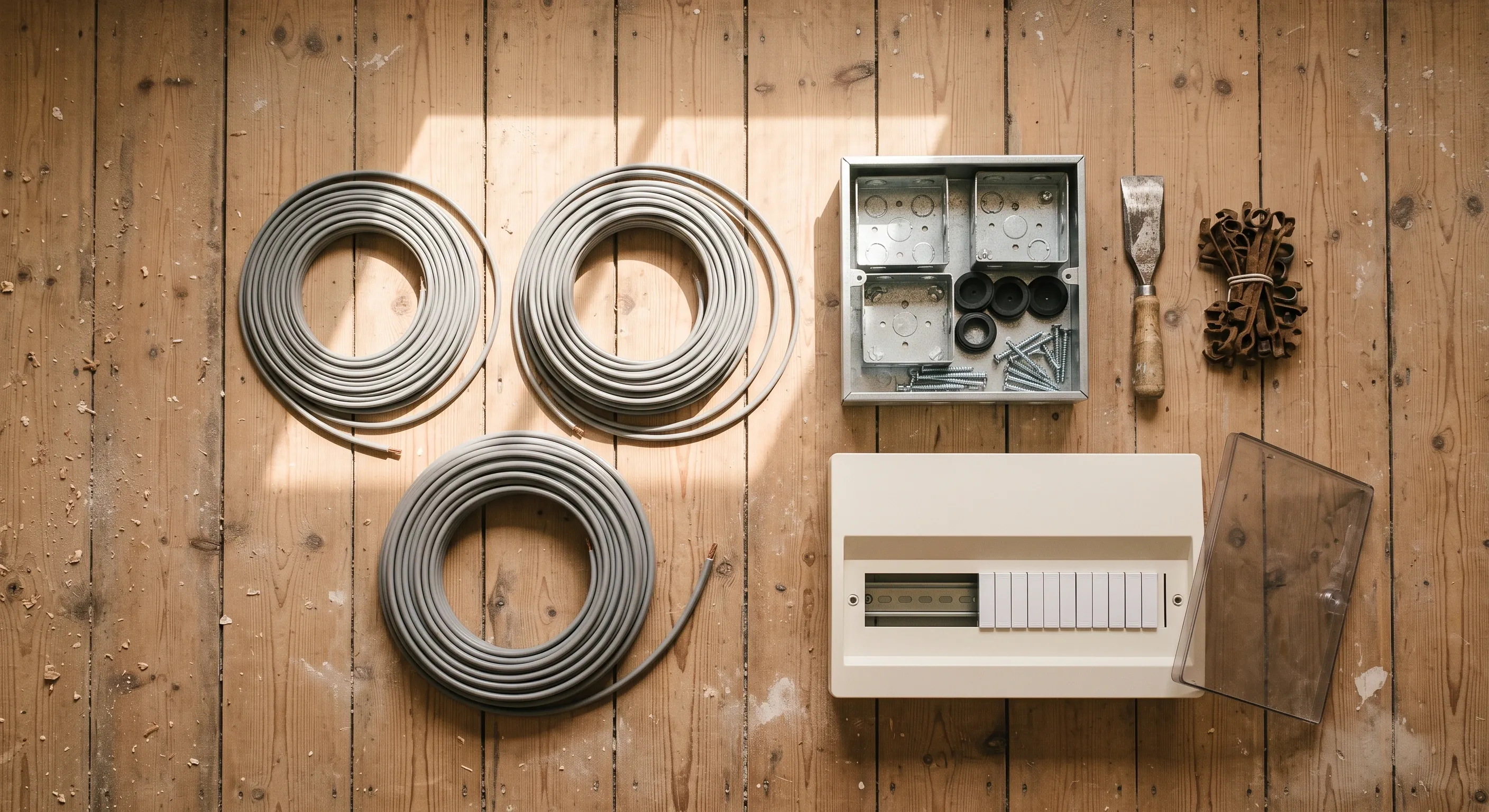 Coils of electrical cable, steel back boxes, clips and an open consumer unit enclosure laid out on bare floorboards.