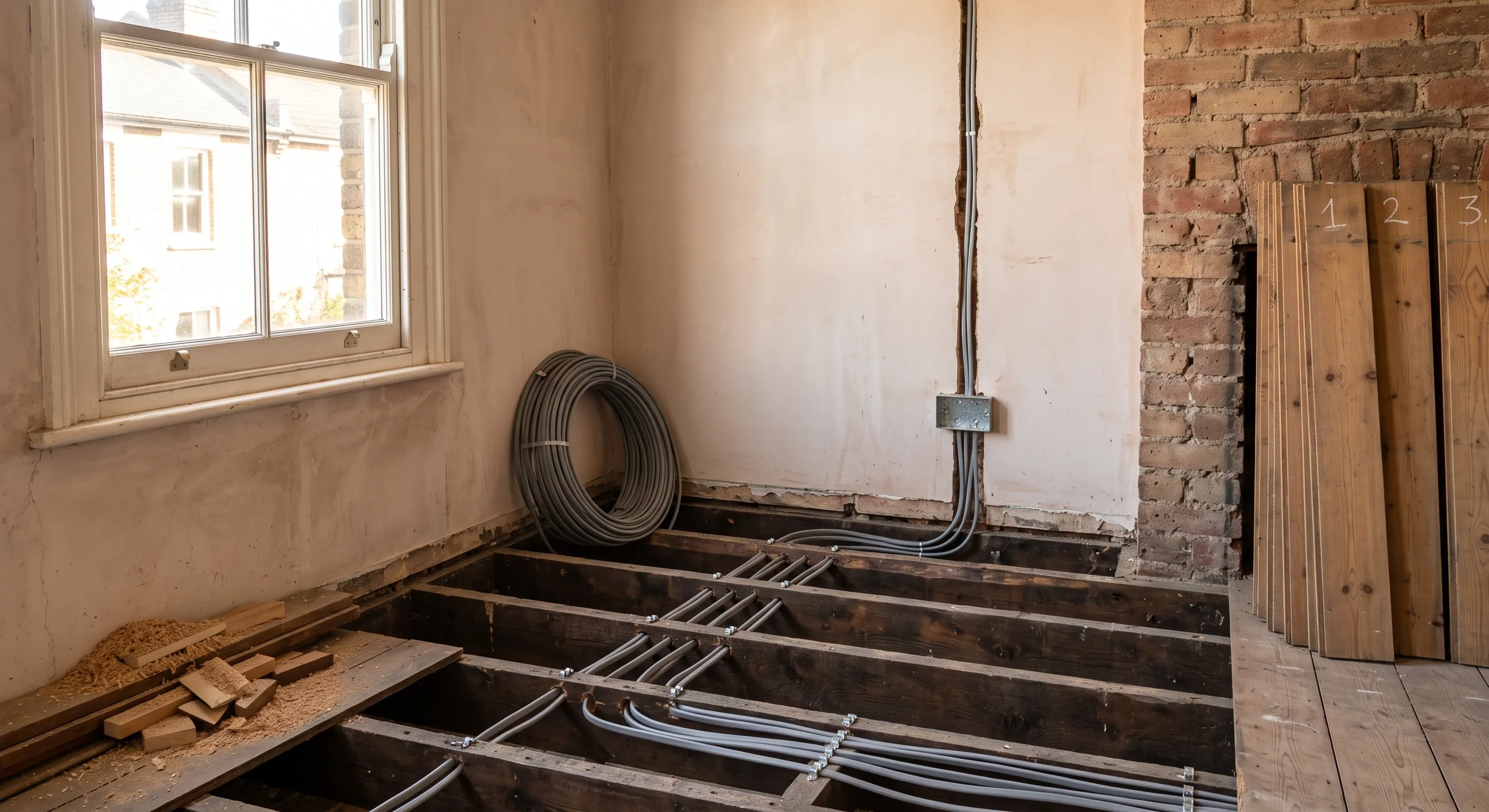 New cables run through drilled joists under lifted floorboards, with a chased drop to a socket back box and boards stacked in order nearby.