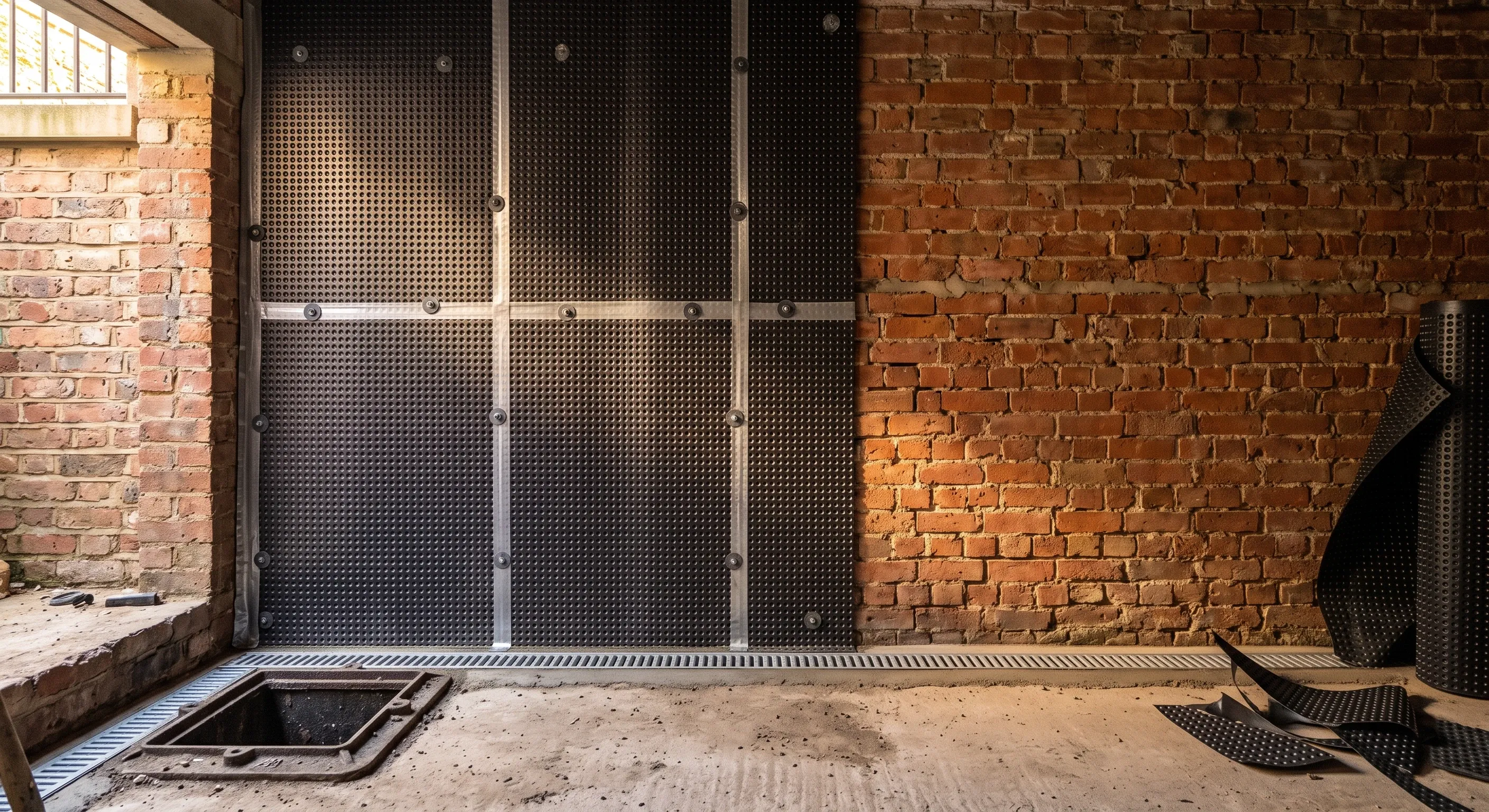 Studded cavity drain membrane fixed to one bay of a basement wall with the next bay still bare brick.