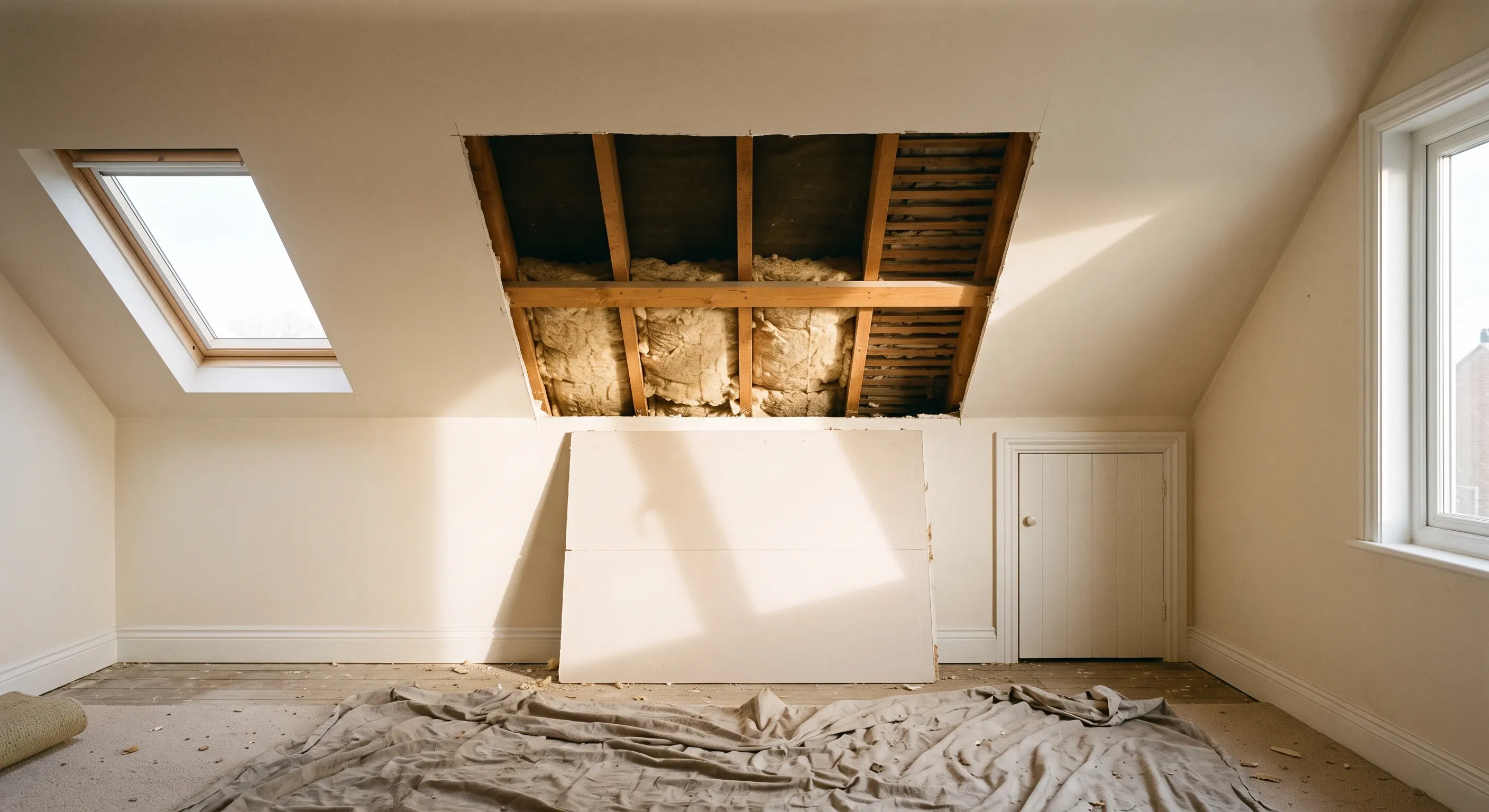 A rectangular section of sloping plasterboard ceiling cut away in a decorated loft room to expose the rafters and insulation behind.