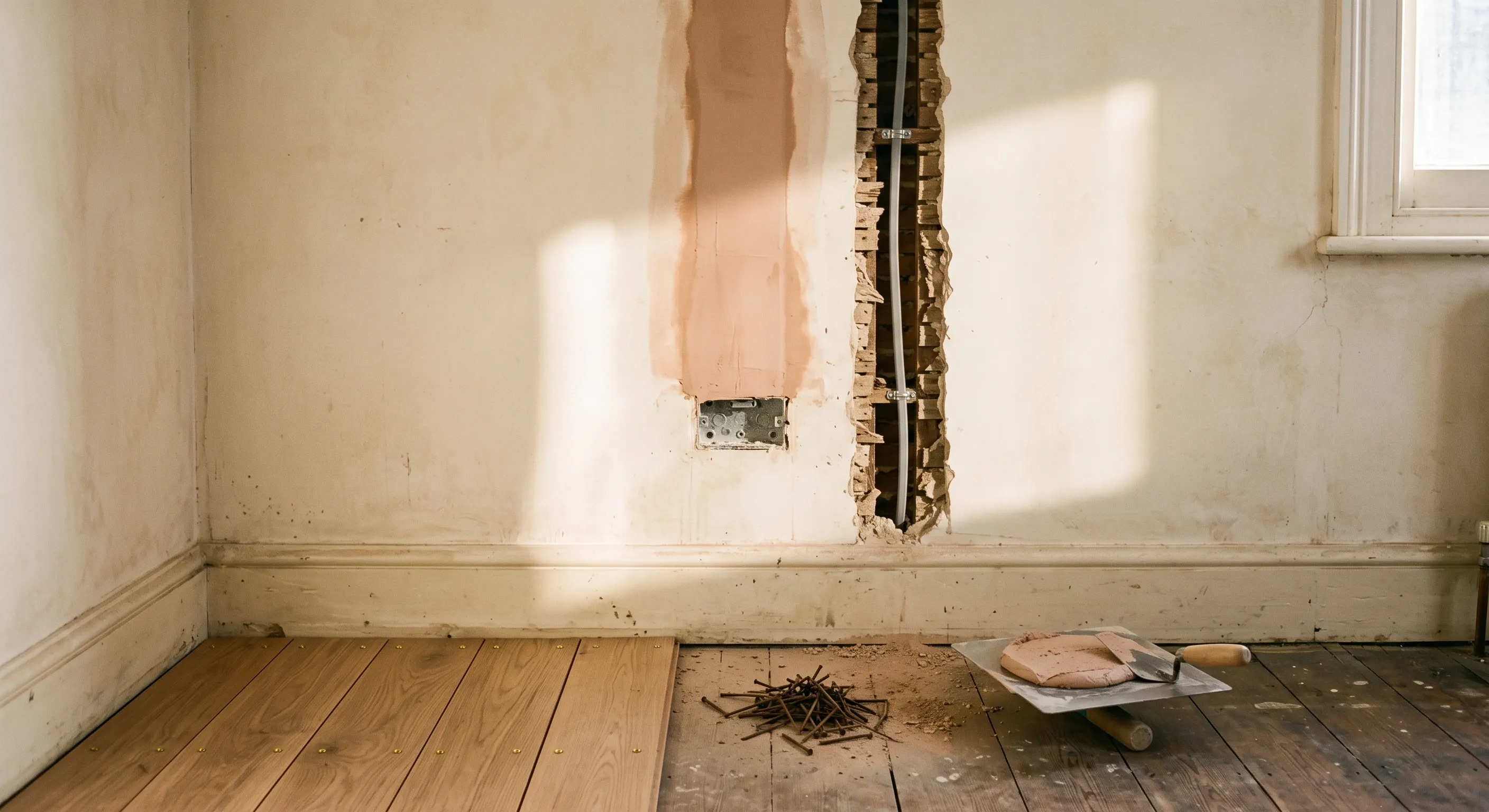 One wall chase filled flush with bonding plaster beside a second still open with cable clipped inside, in a period room.