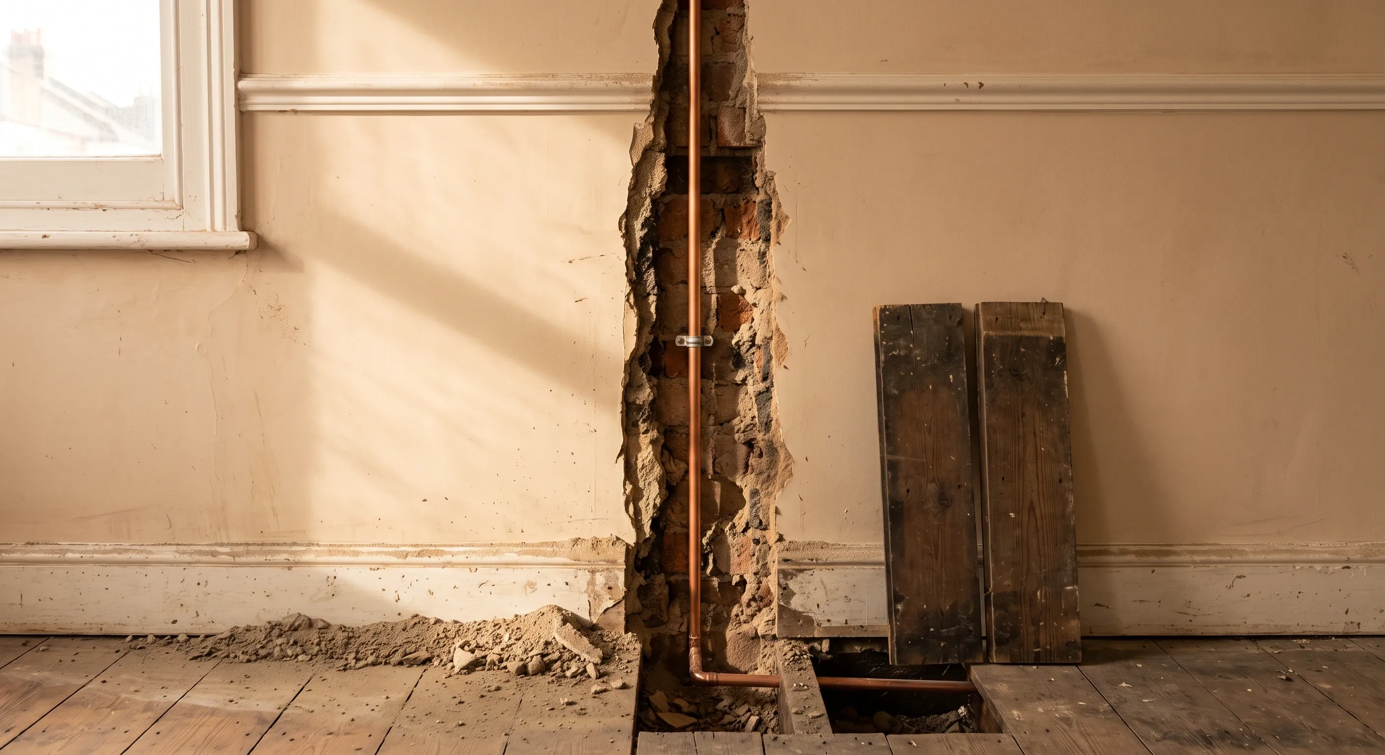 A vertical channel chased into a plastered wall with new copper pipe inside it, plaster dust and lifted floorboards left unrepaired.