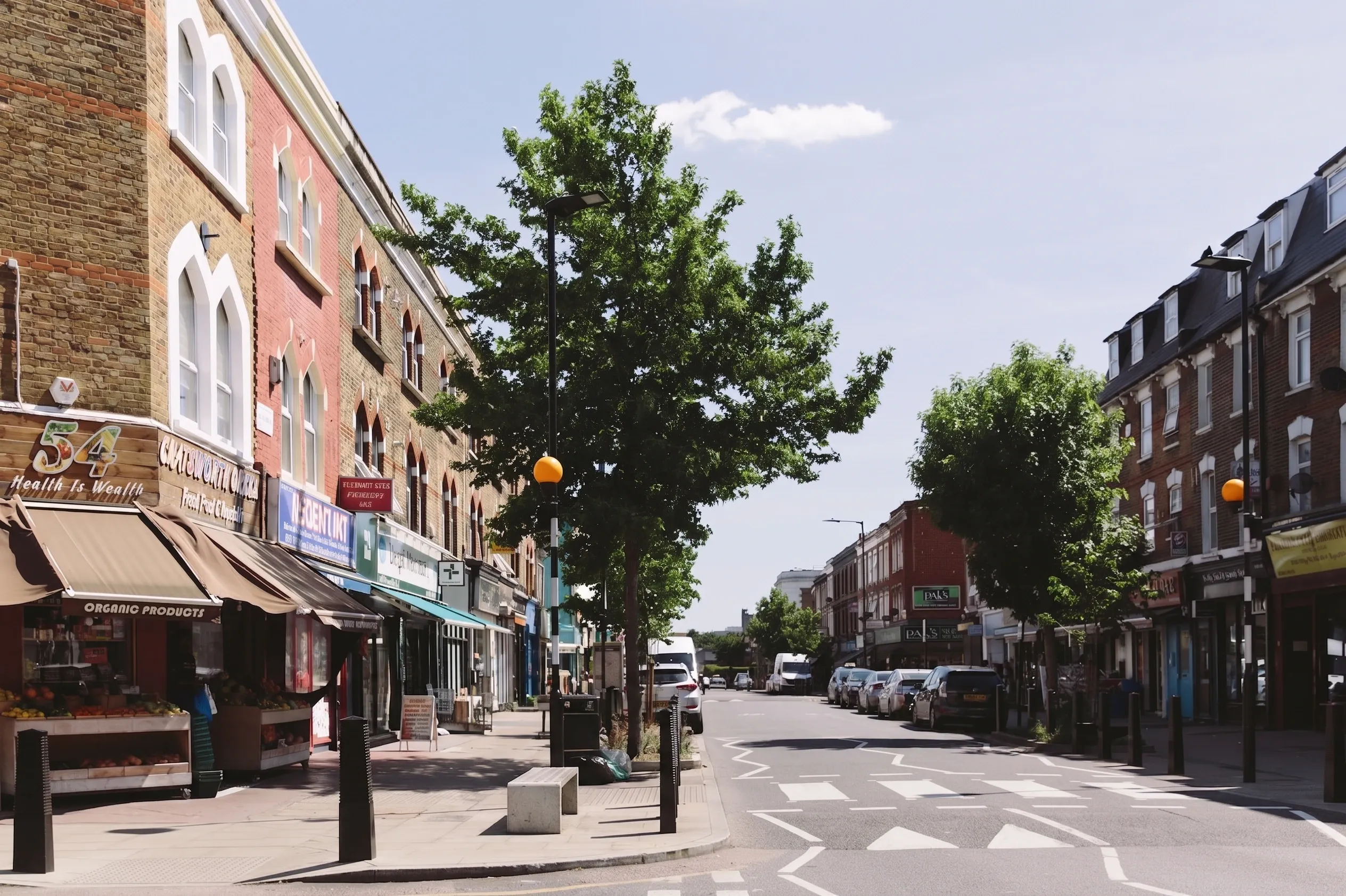 Independent shopfronts and a greengrocer's fruit display on Chatsworth Road in Clapton, with young street trees along the pavement.