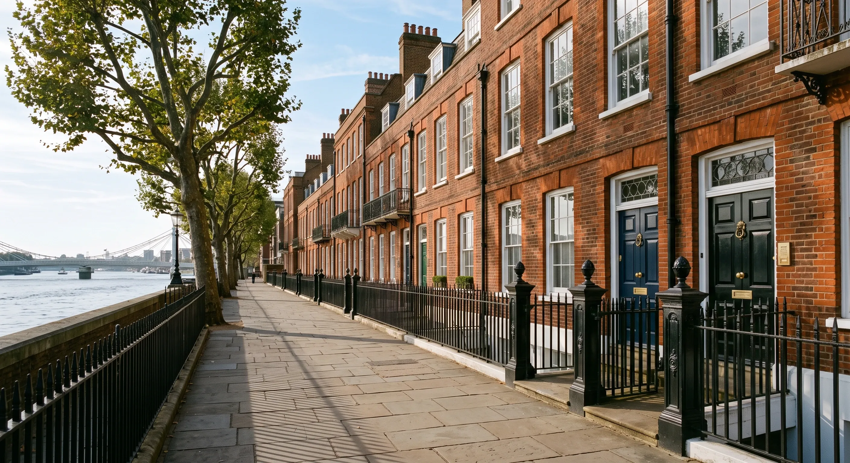 A row of red brick riverside townhouses with black railings along the Thames.