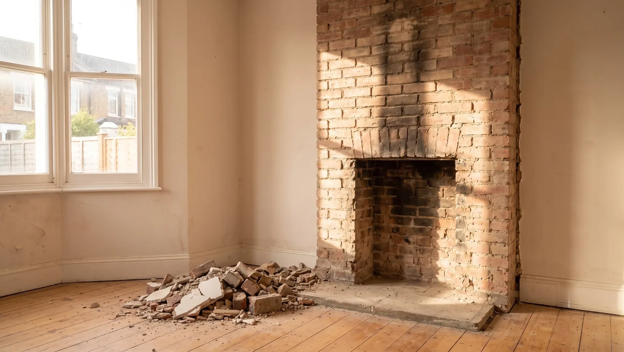 An exposed Victorian chimney breast and hearth with a pile of brick rubble alongside