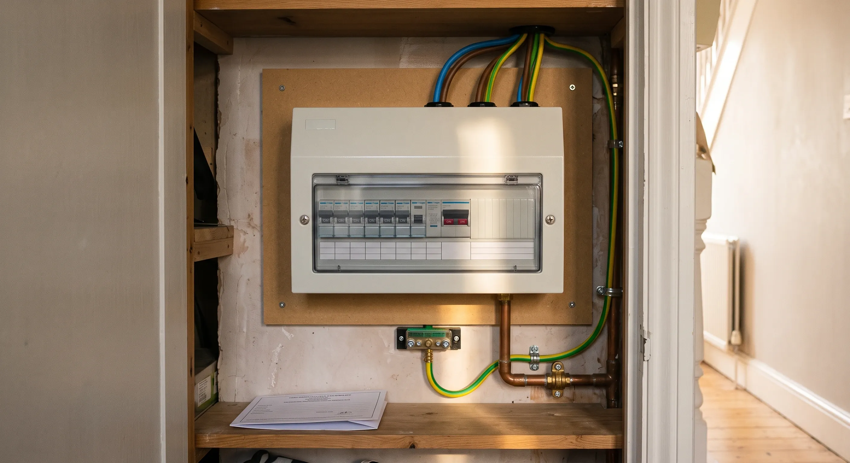 A newly fitted consumer unit on a timber board in an under-stairs cupboard with a main bonding conductor clamped to a service pipe below.
