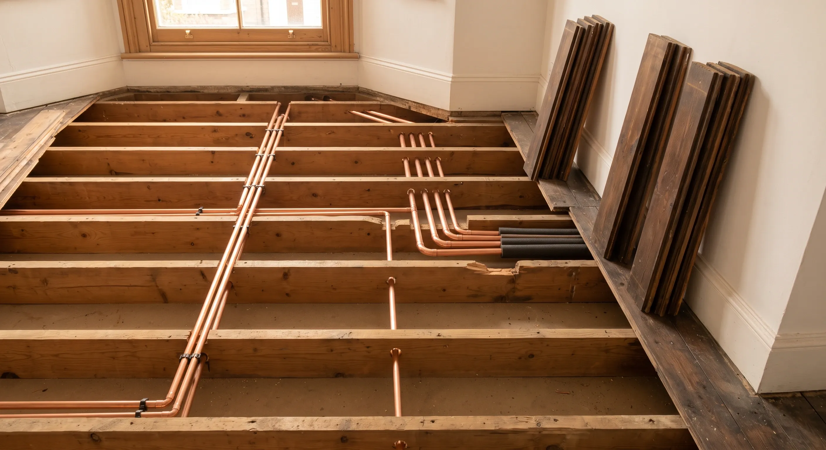 Lifted floorboards revealing new copper heating pipes running through drilled joists and clipped at even spacings.