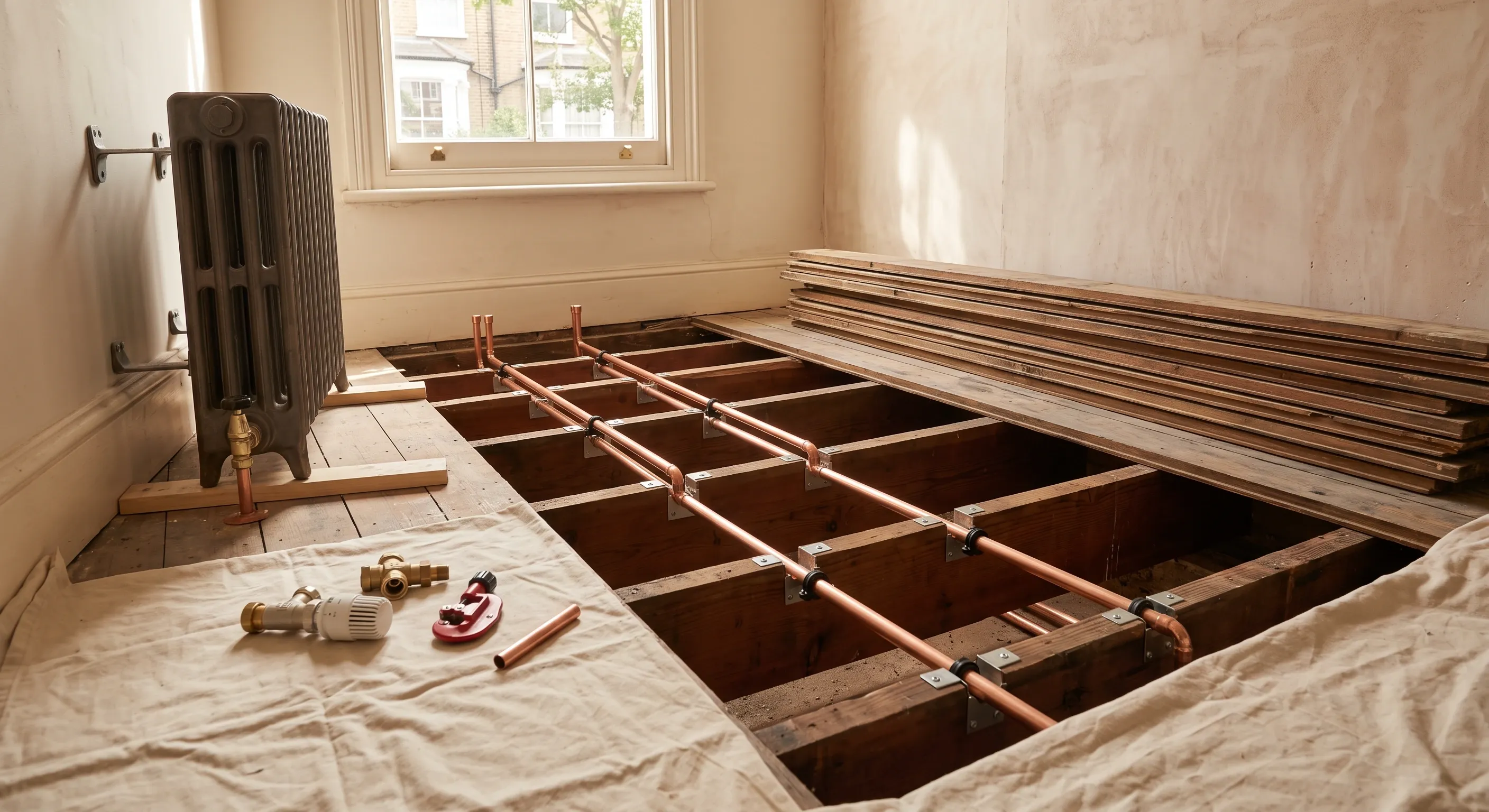New copper heating pipes clipped between joists under lifted floorboards, with a radiator off the wall and valves laid ready beside it.