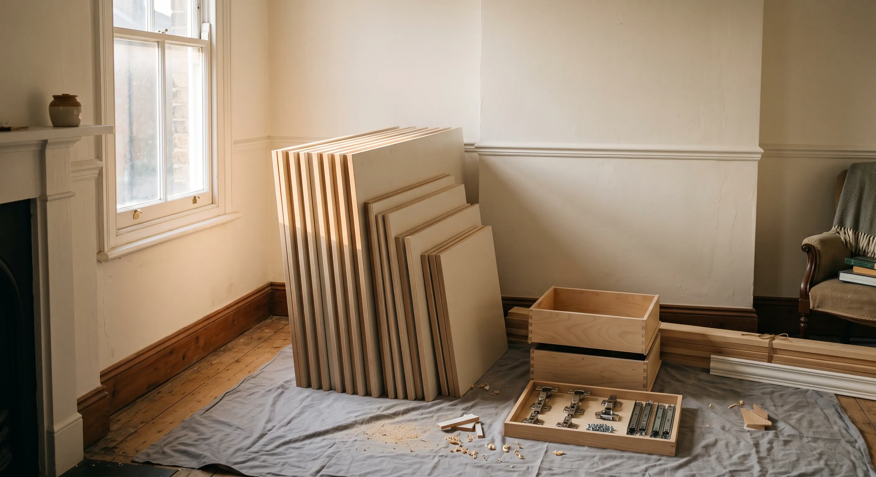 Cut wardrobe carcass panels stacked on edge with assembled drawer boxes, hinges and runners laid out on a dust sheet.