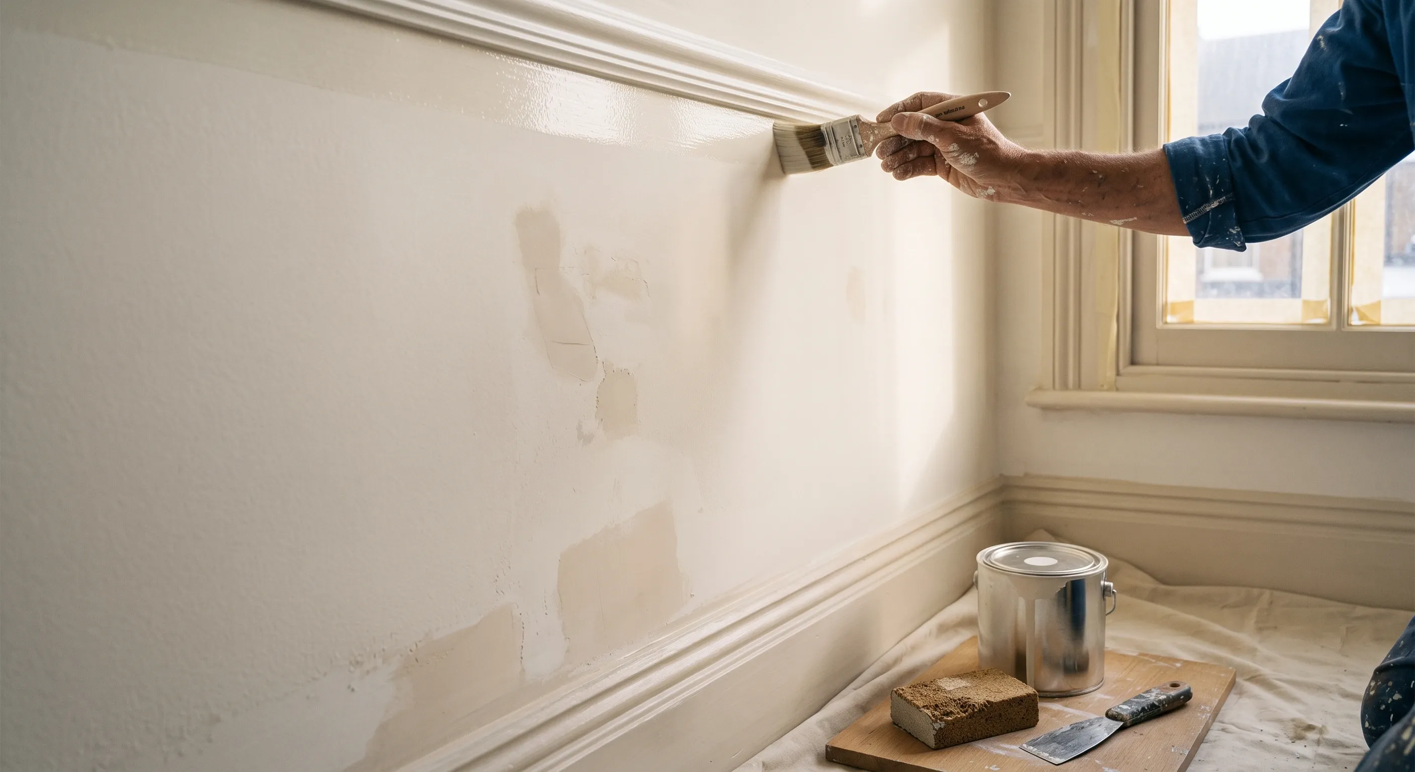 A decorator's hands cutting in a clean paint line at the cornice of a period bedroom with dust sheets tucked to the skirting below.