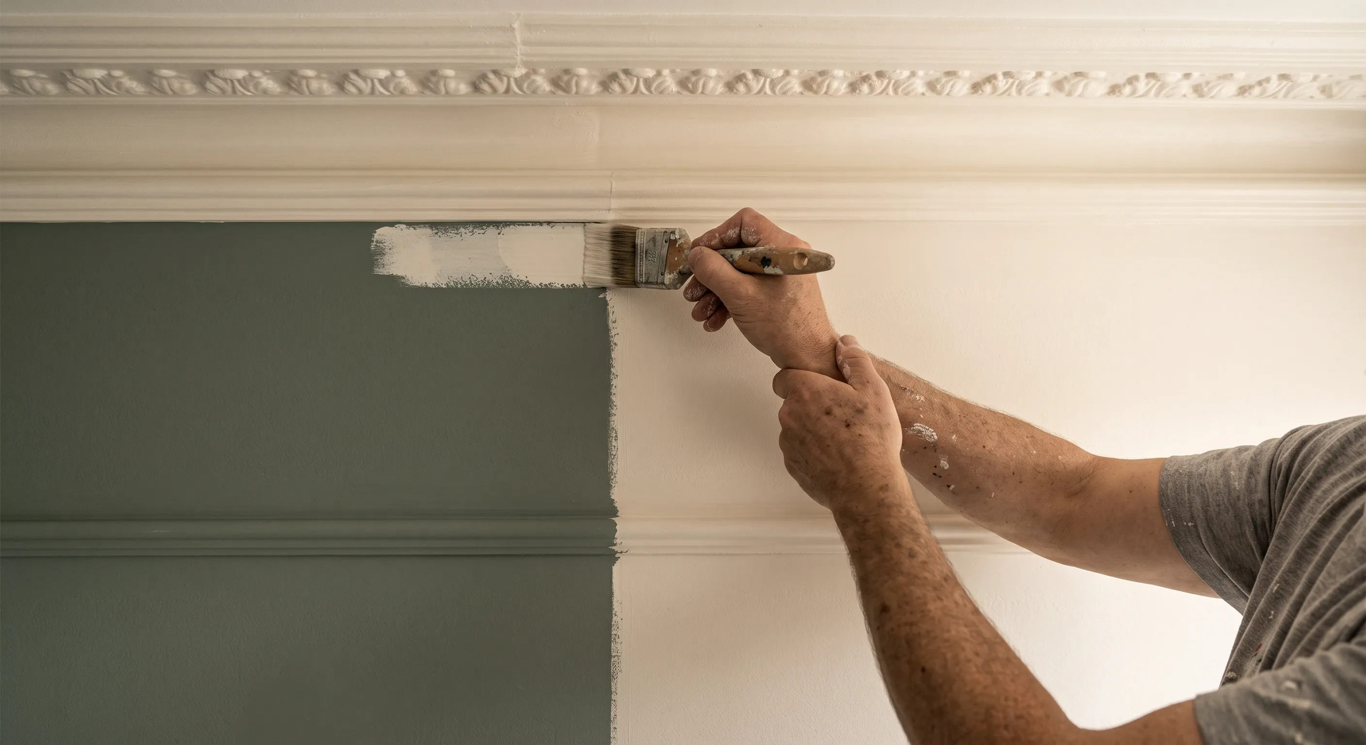 A decorator's hands cutting in a paint line with a brush where a plaster cornice meets the wall in a stripped period room.