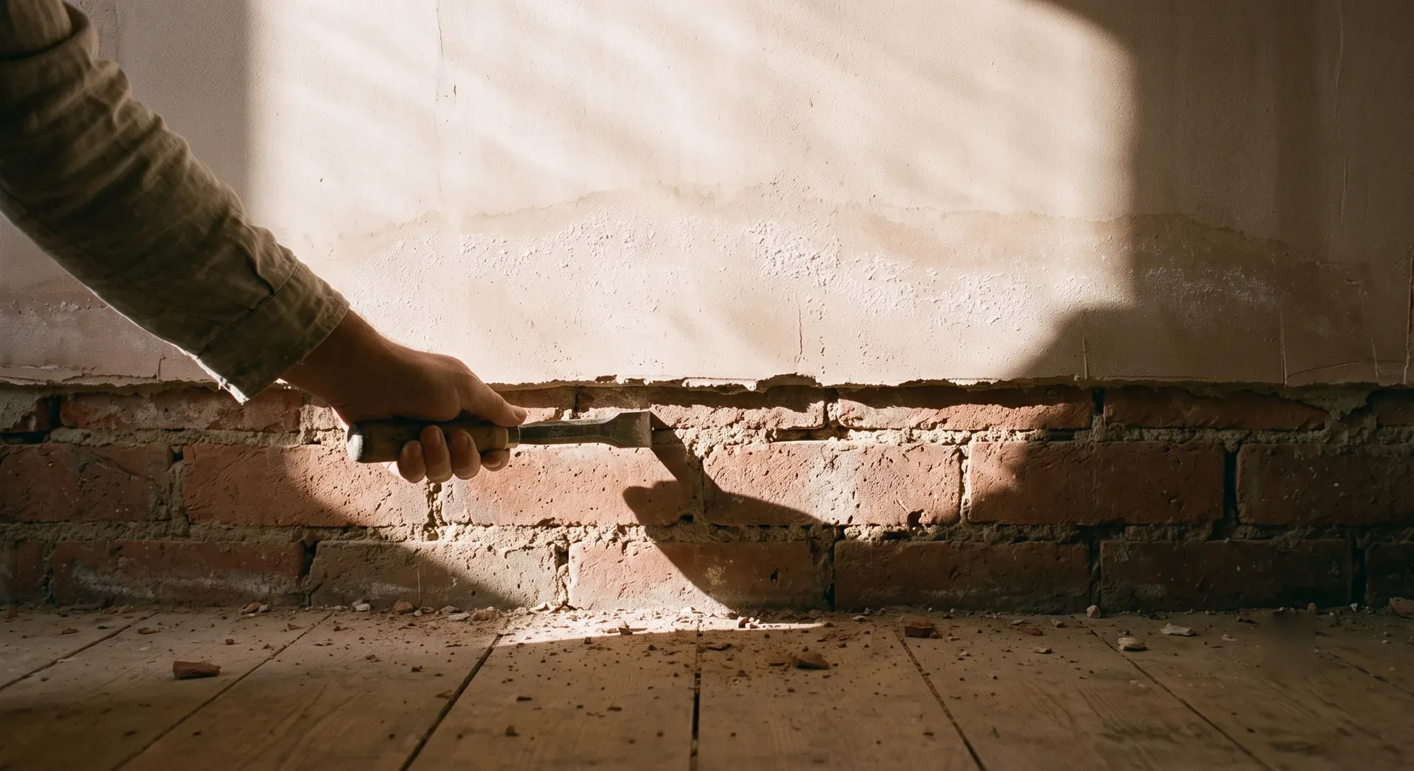A hand holding a chisel at exposed brick below a tide mark and salt bloom on old plaster