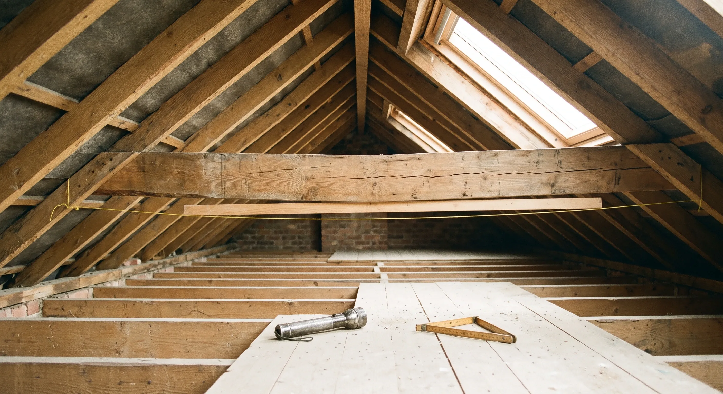 Roof timbers inside a loft with a string line set along a purlin that visibly dips below the straight line of the ridge.