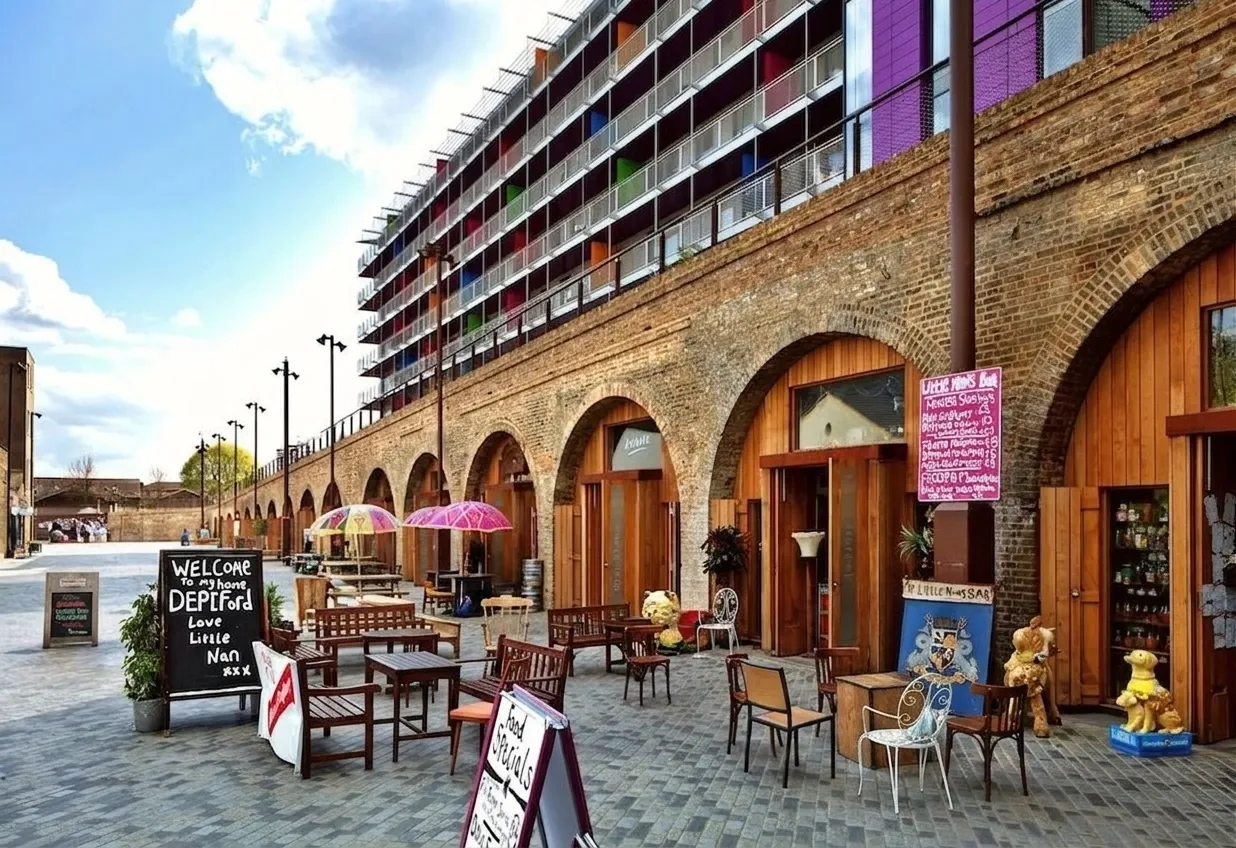 Restored brick railway arches at Deptford Market Yard, converted into shopfronts and cafés, with tables on the cobbles and a chalkboard reading "Welcome to my home Deptford".