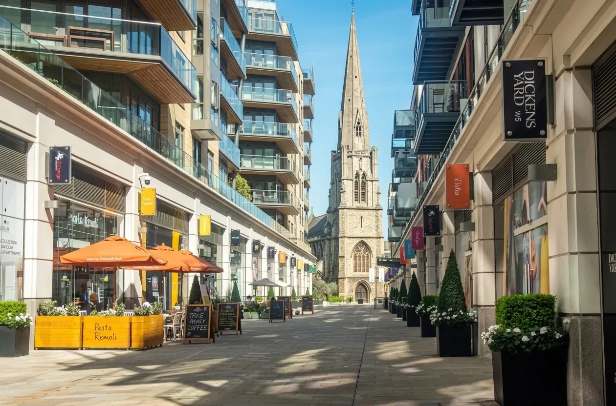 Cafés and new apartment buildings along the pedestrianised street at Dickens Yard in Ealing, with Christ the Saviour's spire closing the view.