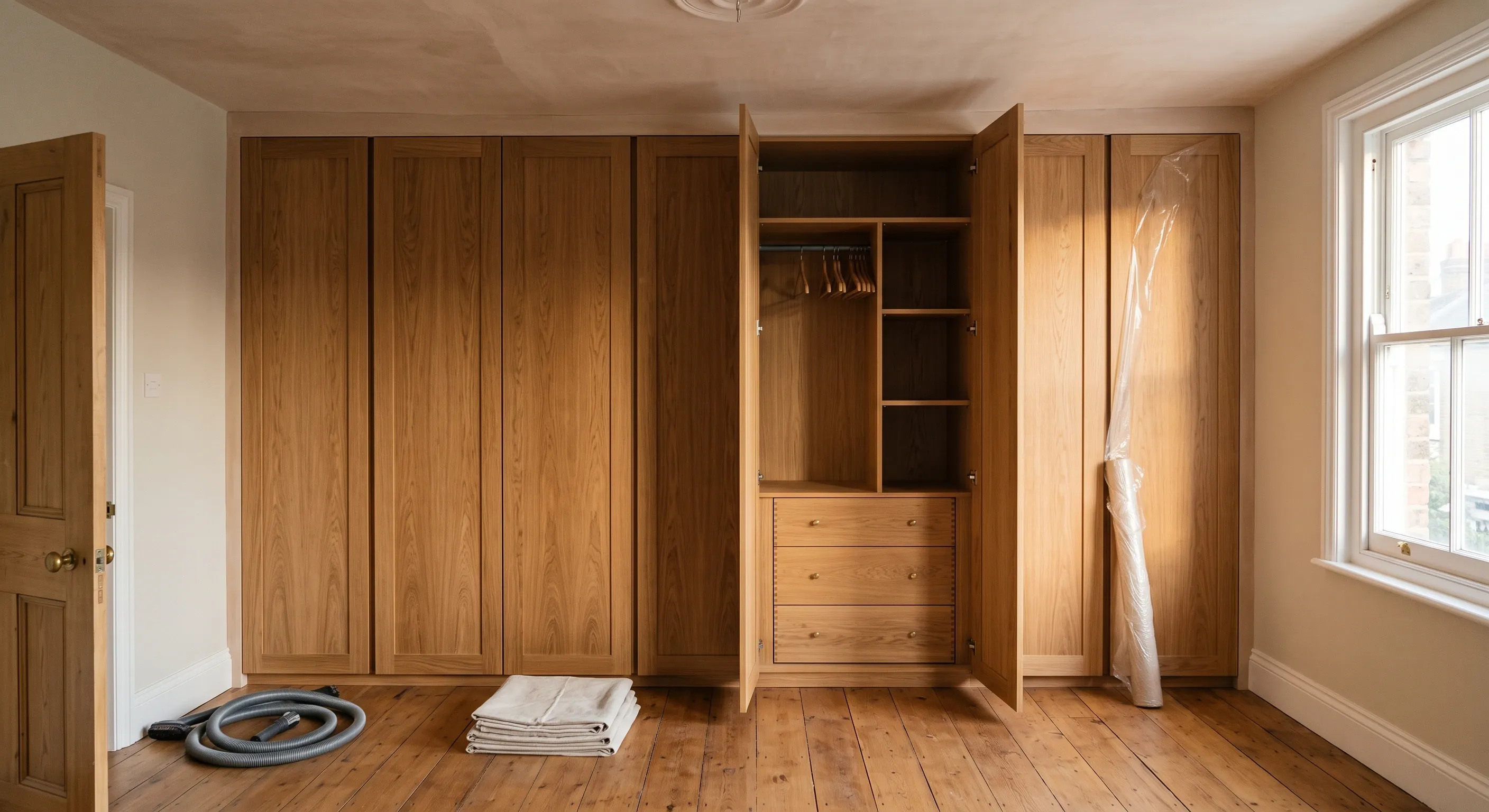 A newly hung run of wardrobe doors with even shadow gaps, one open to show shelves and a drawer bank, with dust sheets folded and the floor swept.