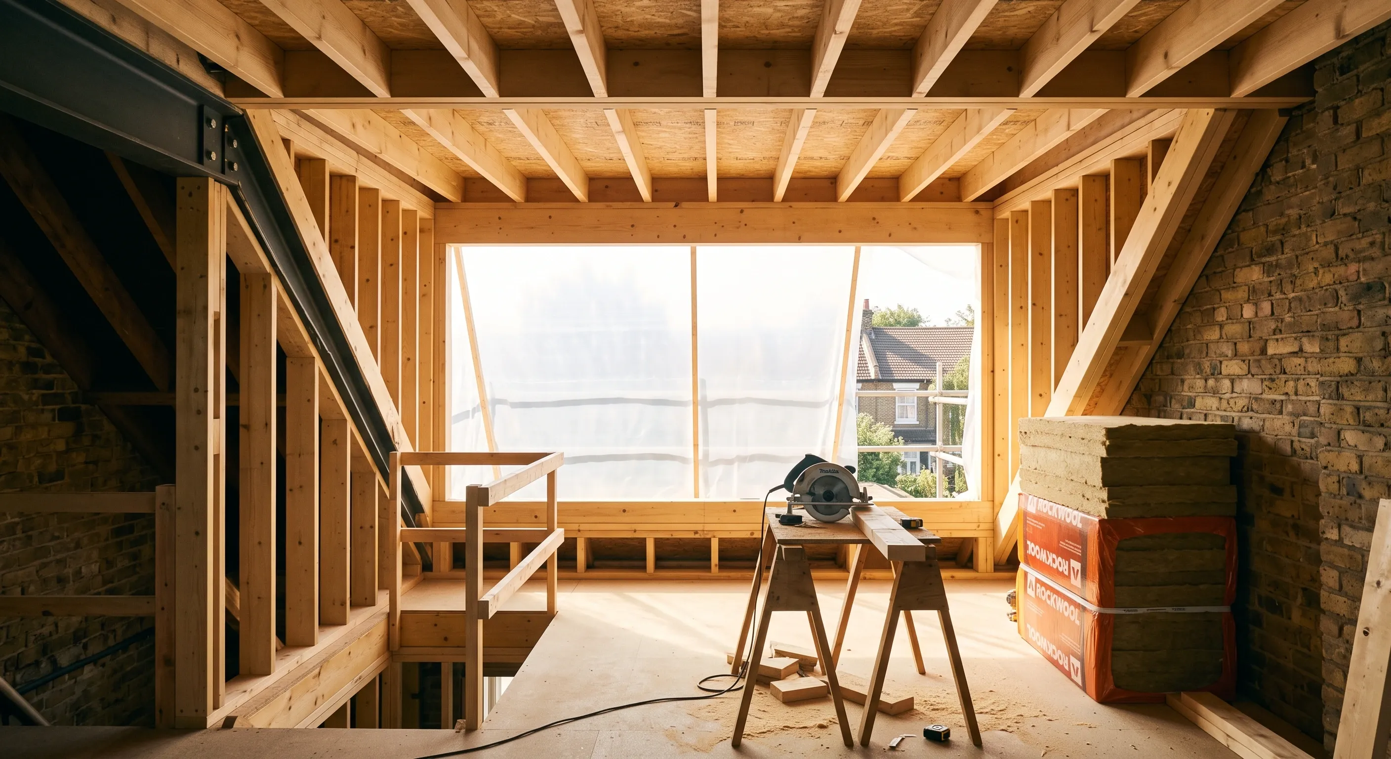 A rear dormer framed in sawn timber with a steel flitch beam and stacked insulation, daylight flooding through the open aperture.