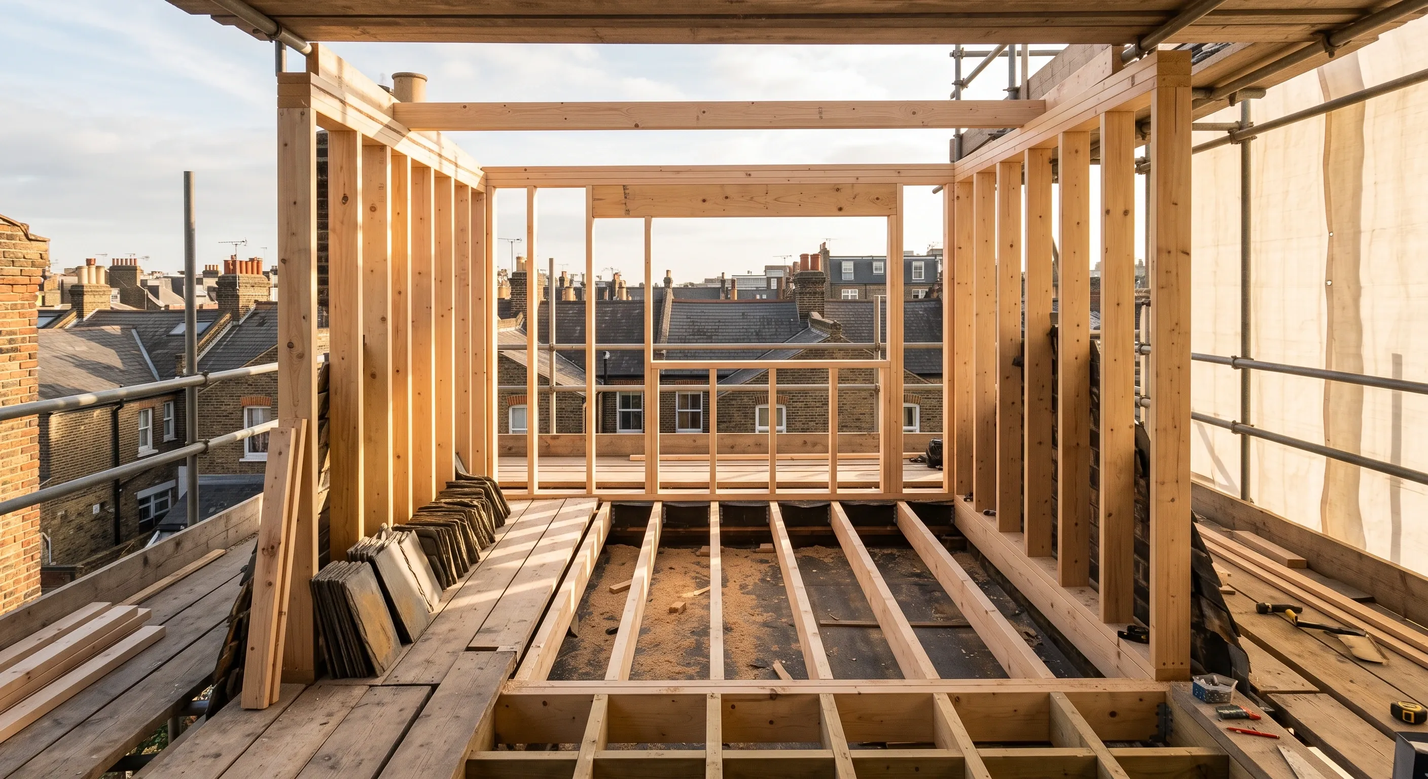 New timber studwork forming a rear dormer on a terraced roof, open to daylight with neighbouring rooftops visible beyond.