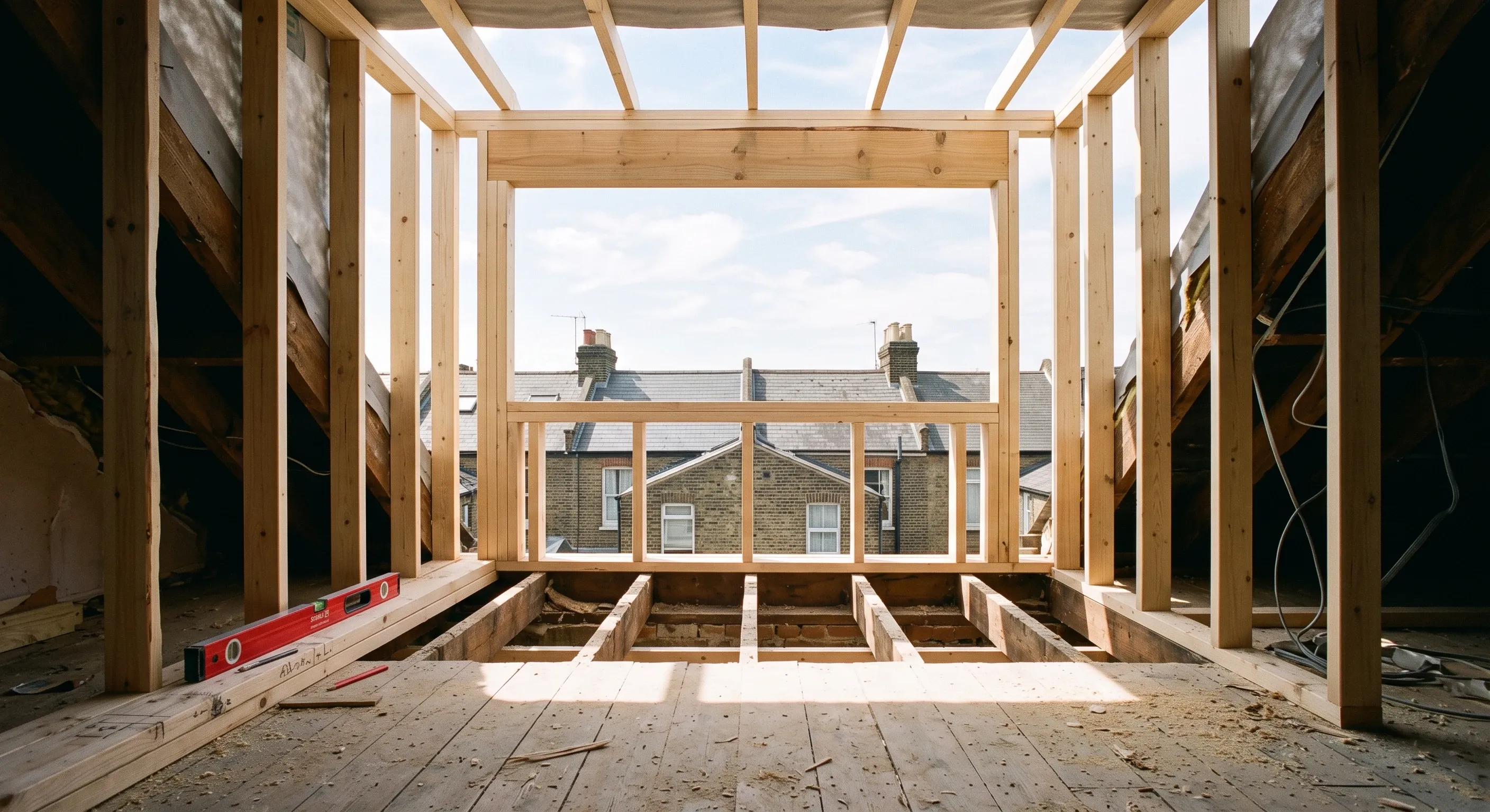 A framed dormer opening in a terrace loft with exposed timber studs and no window fitted yet.