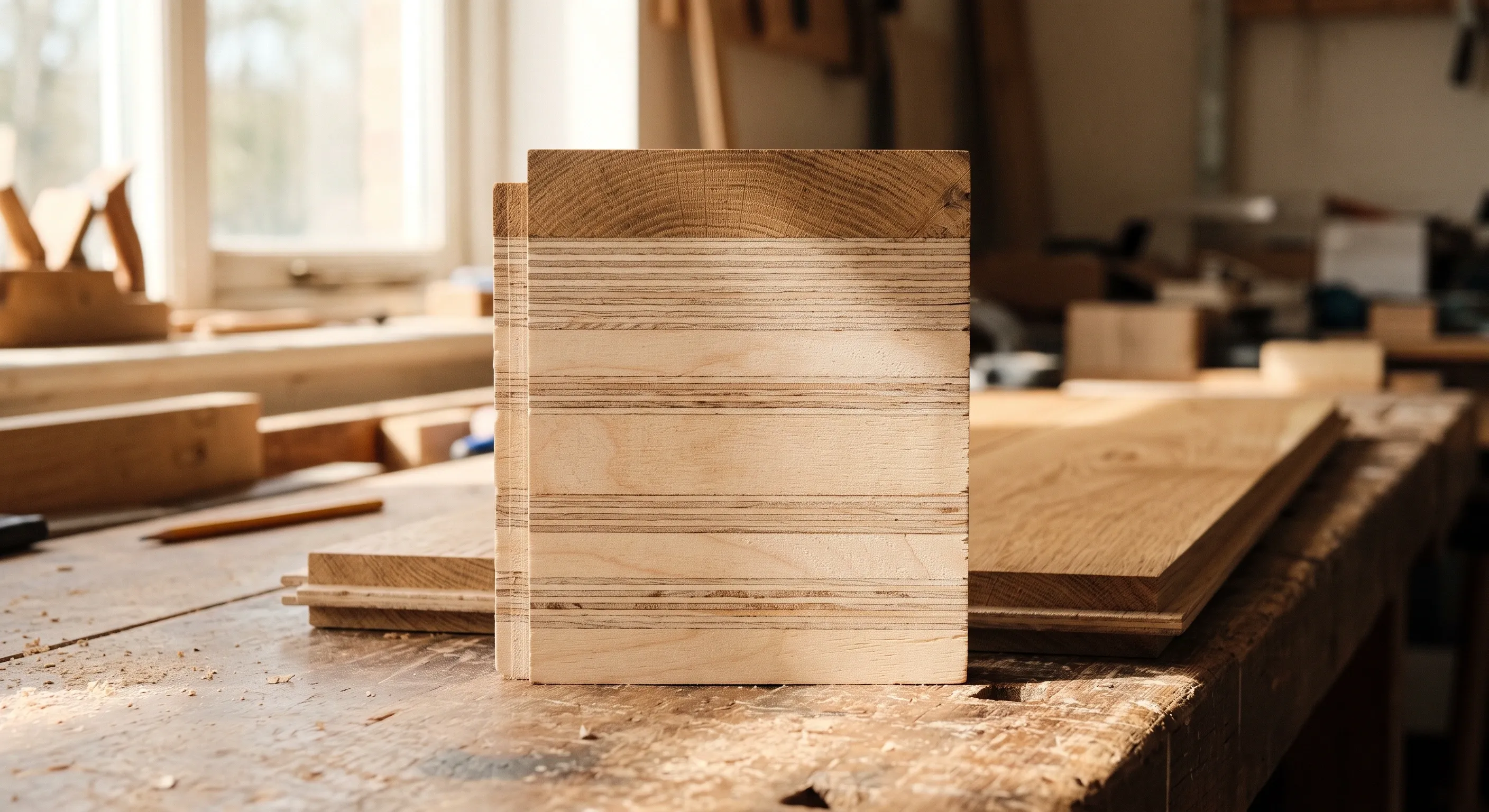 The cut end of an engineered oak board showing the solid wear layer above the plywood core.