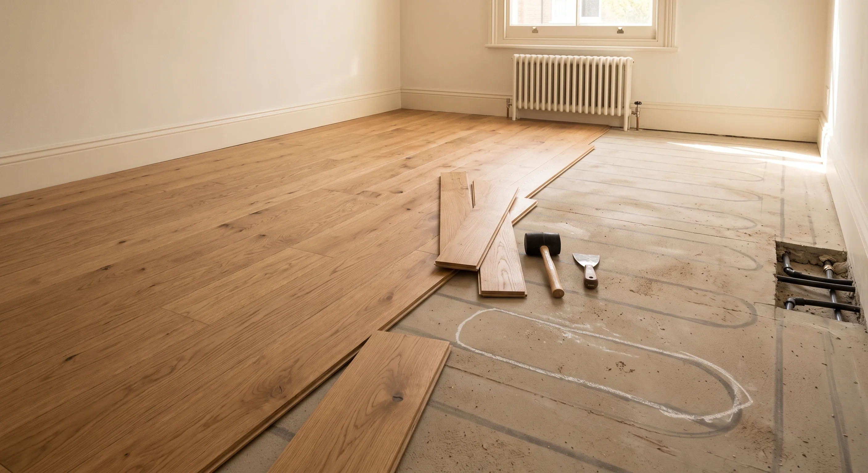 Engineered oak boards laid over half a heated screed floor, with the pipe runs faintly visible in the exposed screed and one edge lifted to show the pipe below.
