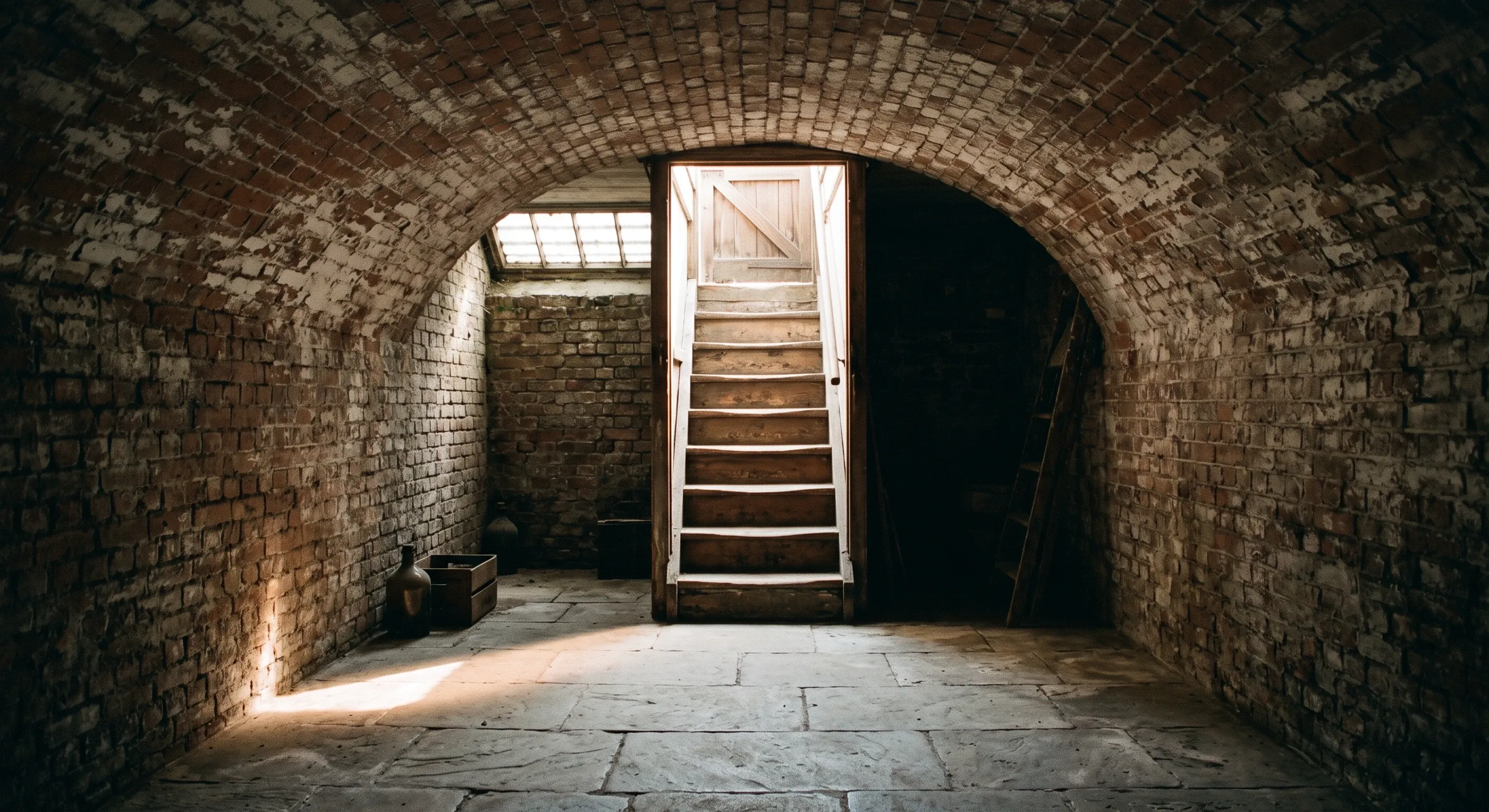 An untouched brick cellar with a barrel vault, lit by daylight coming down the open stair.