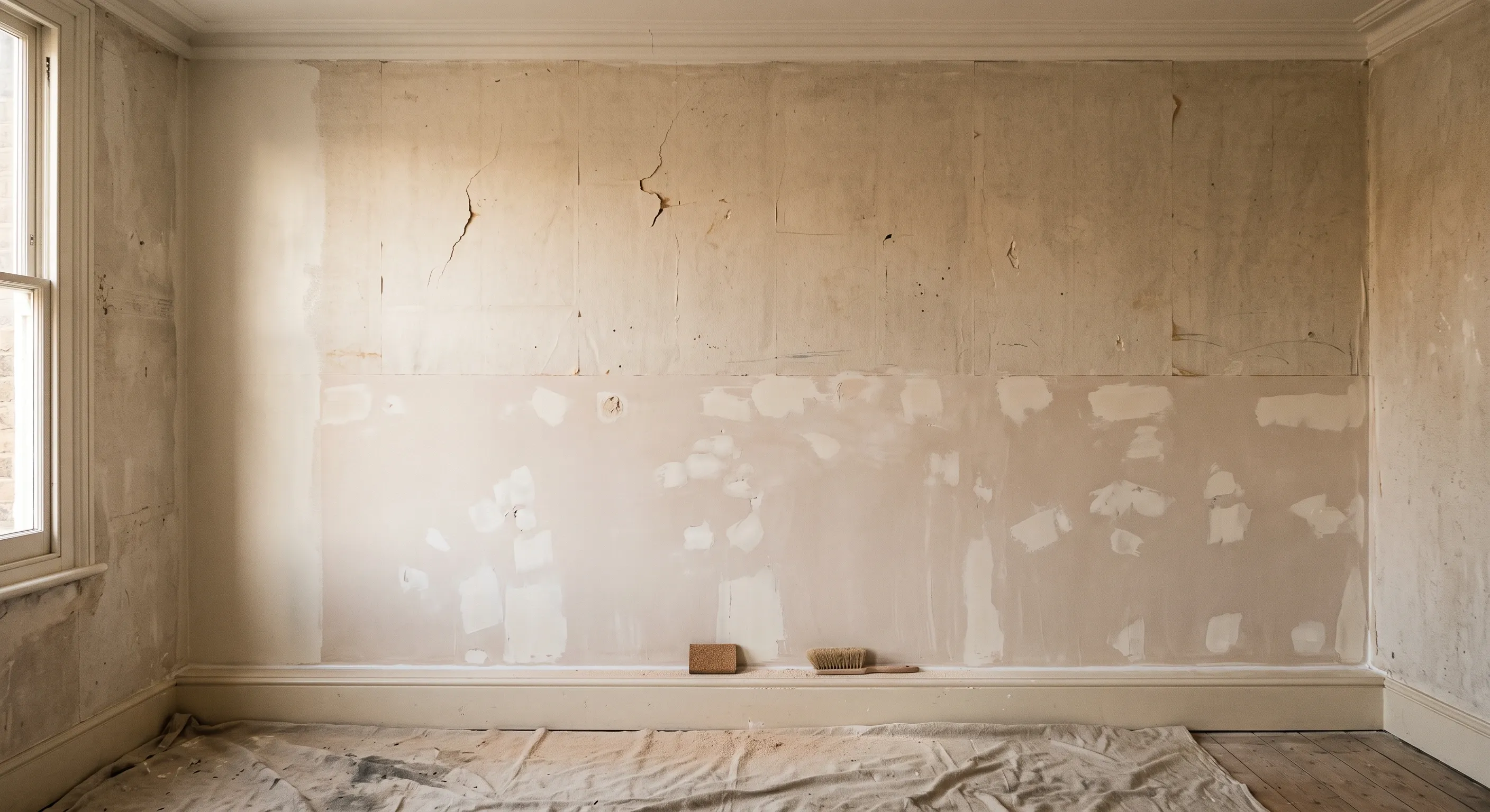 A bedroom wall part way through preparation, with filled and sanded patches on the lower half and a mist coat starting at one edge.