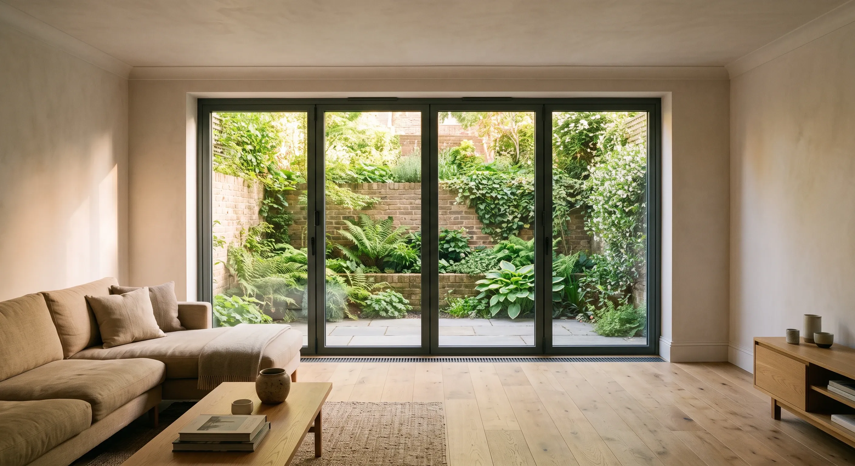 A finished basement living room with full-height glazed doors opening onto a sunken garden lightwell.