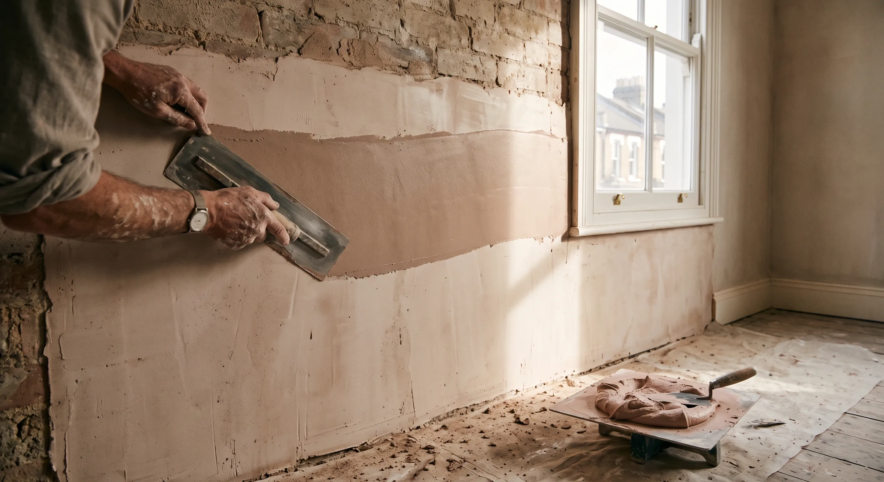 A plasterer's hands pulling a finishing trowel across a wet skim coat on a bare terrace wall lit by a sash window.