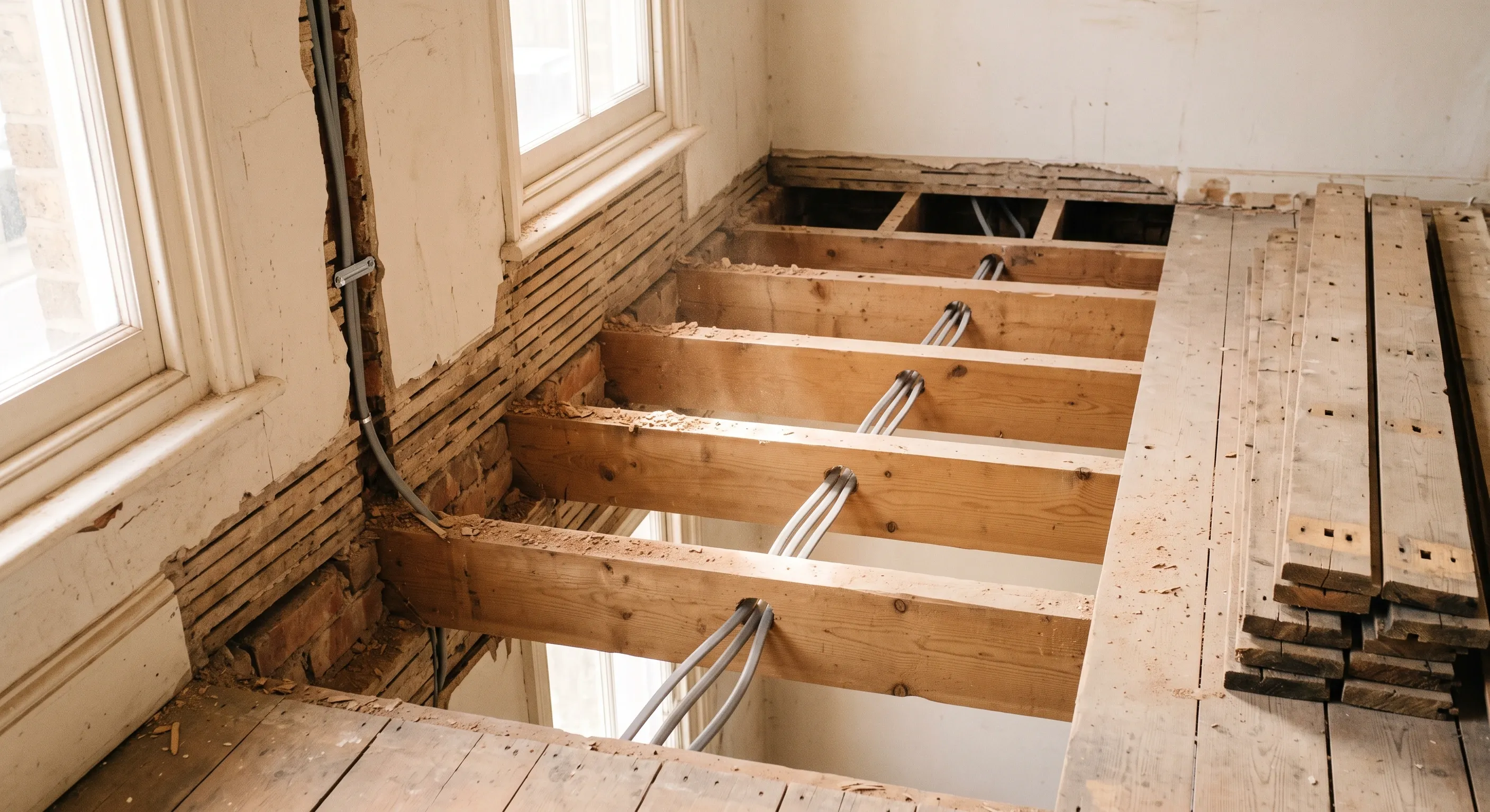 Grey twin-and-earth cables threaded through drilled floor joists and into a chased wall channel in a stripped terraced house.
