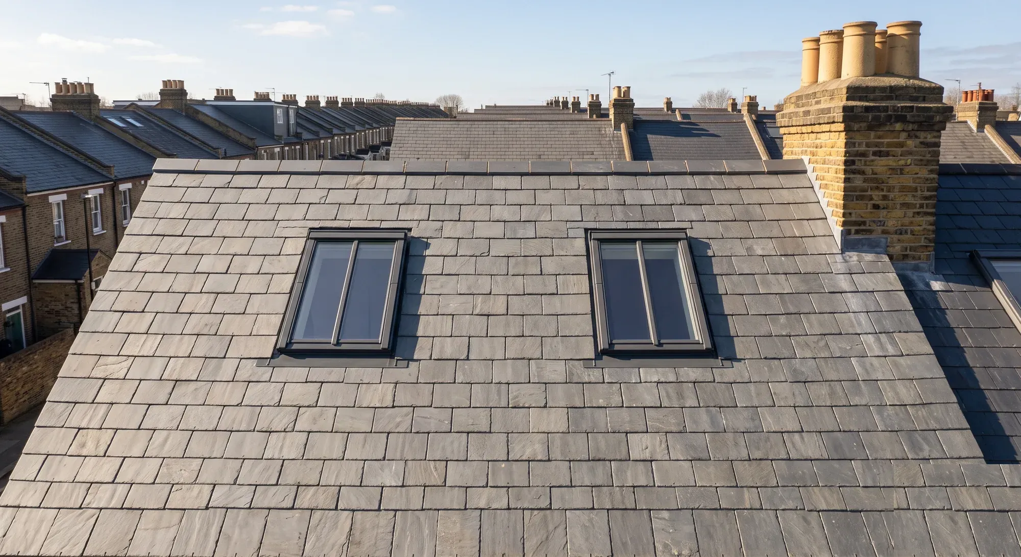 Two flush rooflights set within a slate roof slope on a London terrace, with no dormers in sight