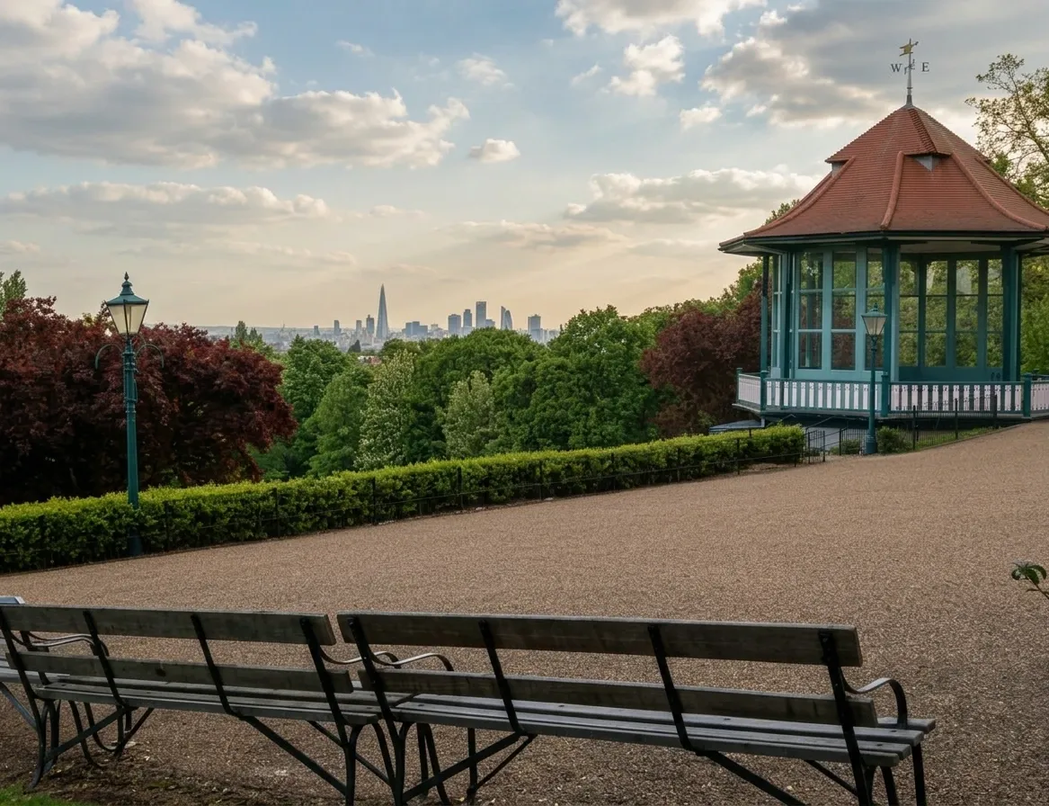 A Victorian bandstand above Forest Hill, with benches on the gravel terrace and the London skyline visible beyond the treetops.