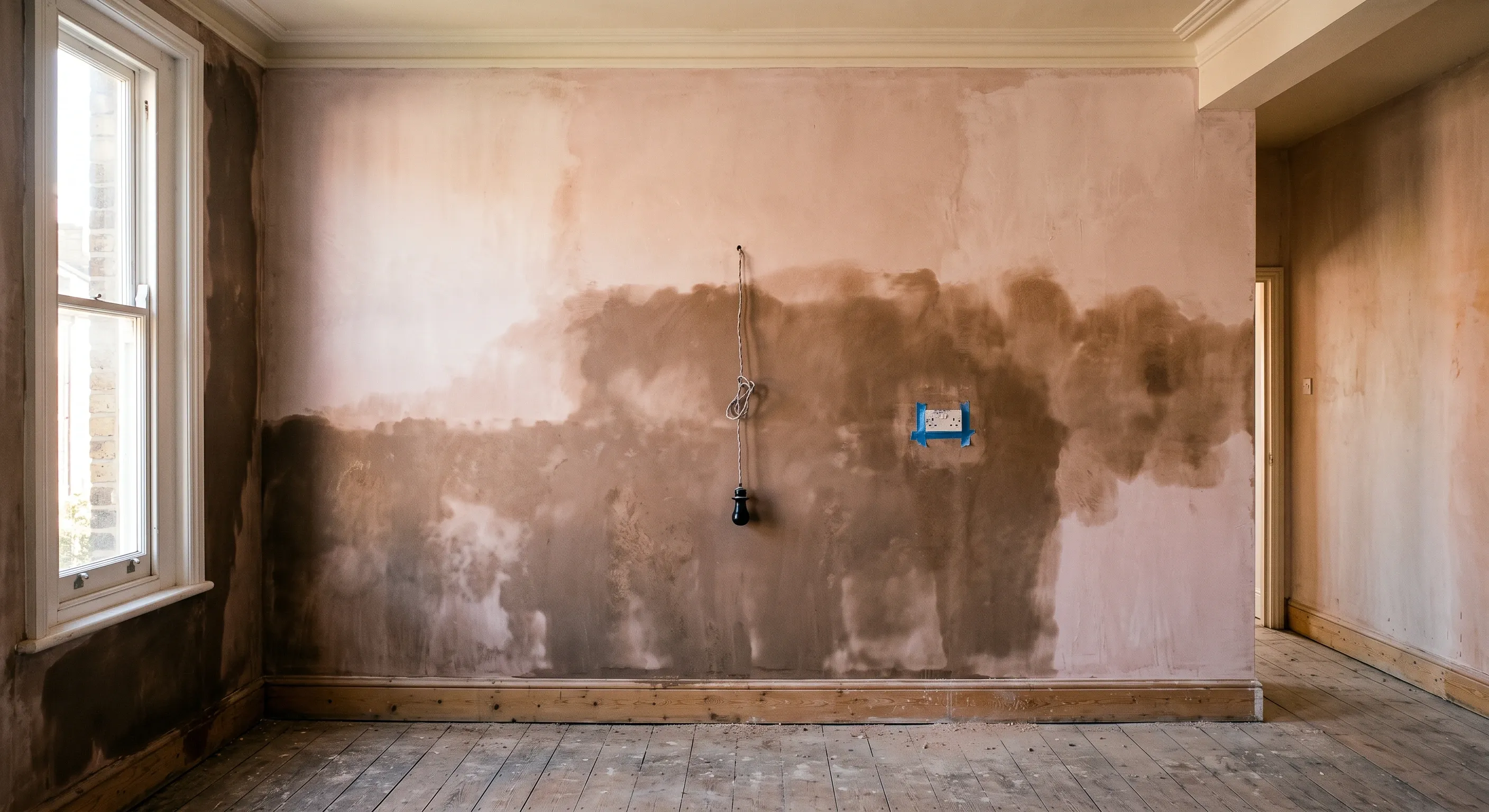 A newly skimmed wall drying in patches, dark damp brown low down and pale chalky pink where it has already set.