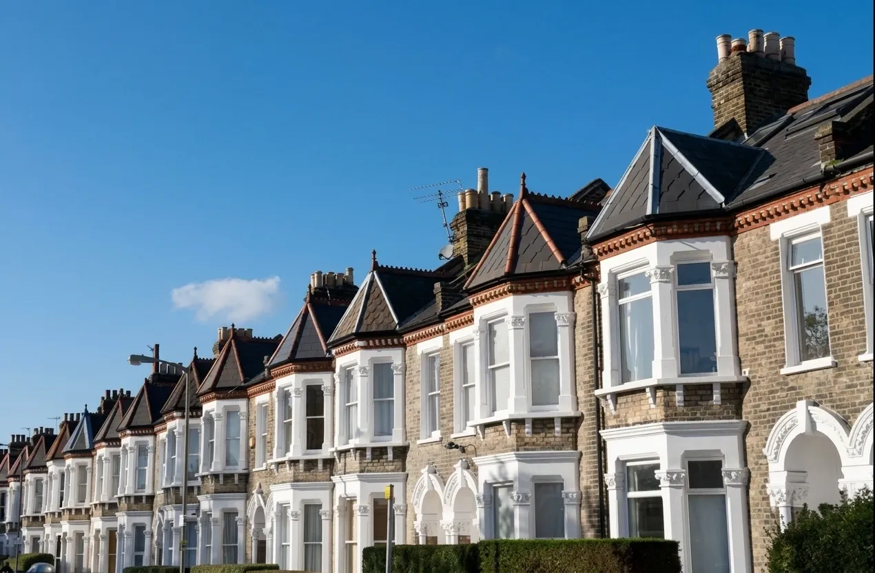 A row of Victorian terraced houses in Fulham, in yellow London stock brick with white stucco detailing, gabled bay windows and slate roofs.