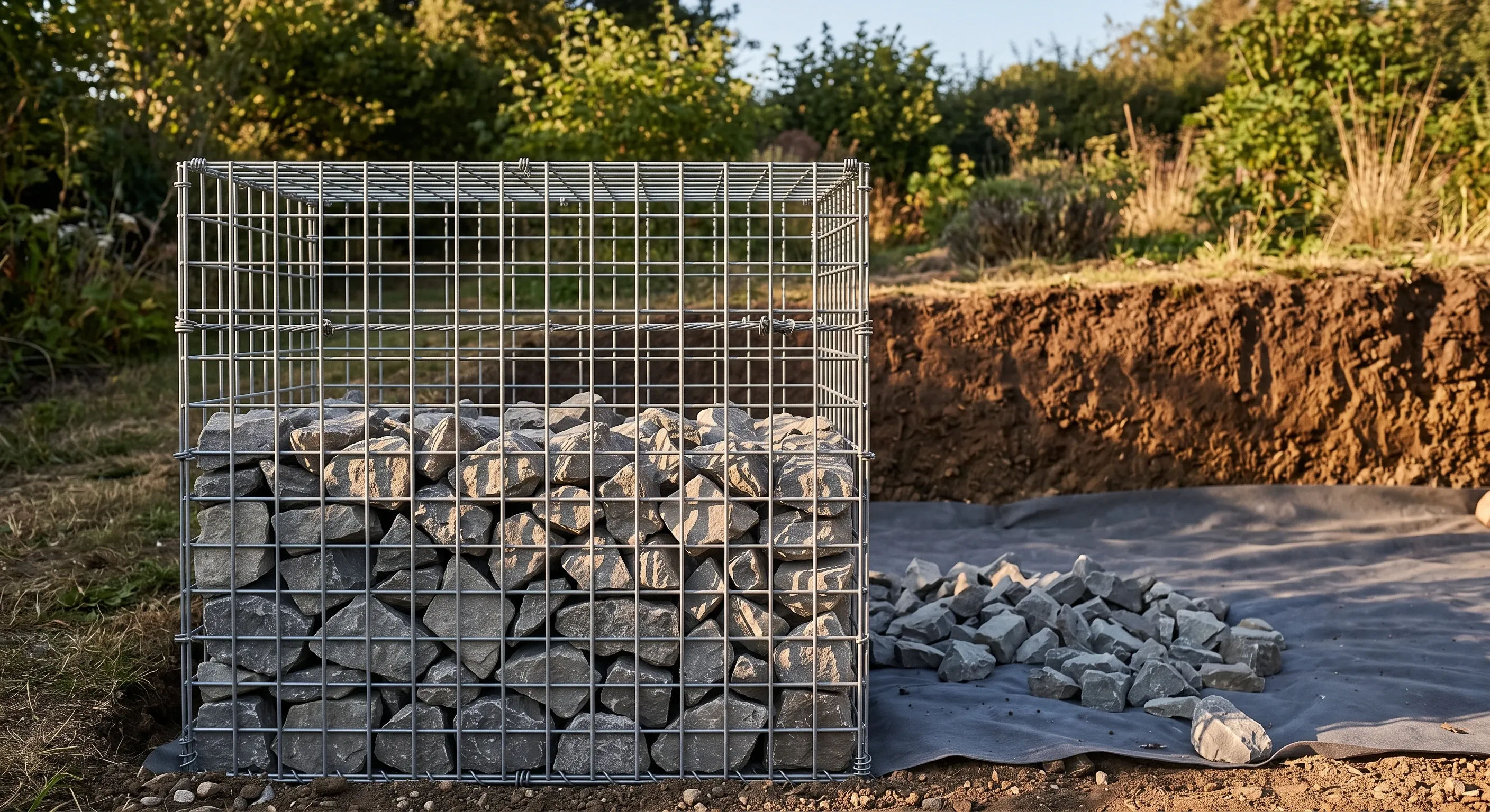A gabion basket part filled with stone, with geotextile membrane lining the face behind it.