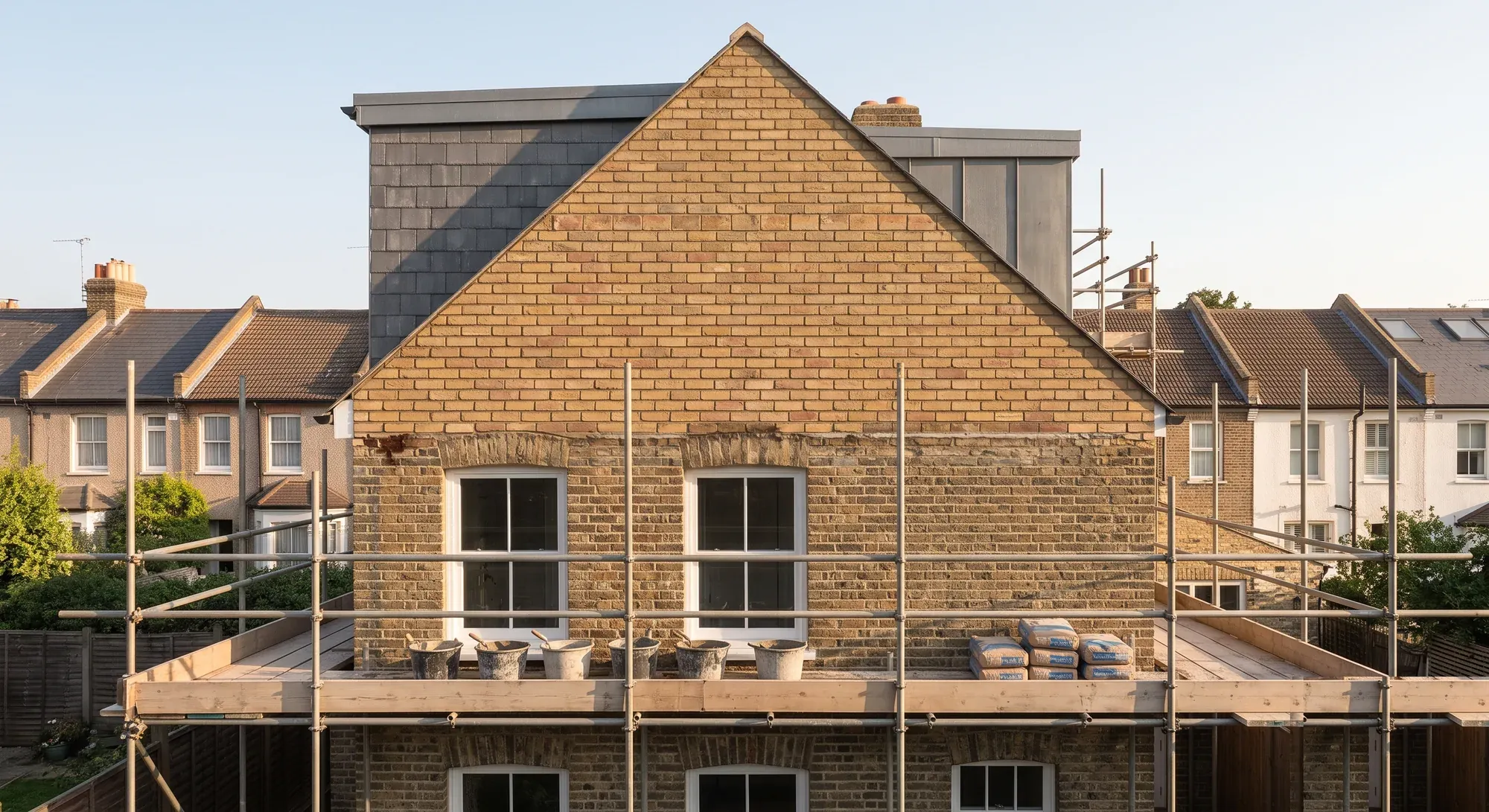 A brick gable end wall with a row of mortar buckets on the scaffold lift below.