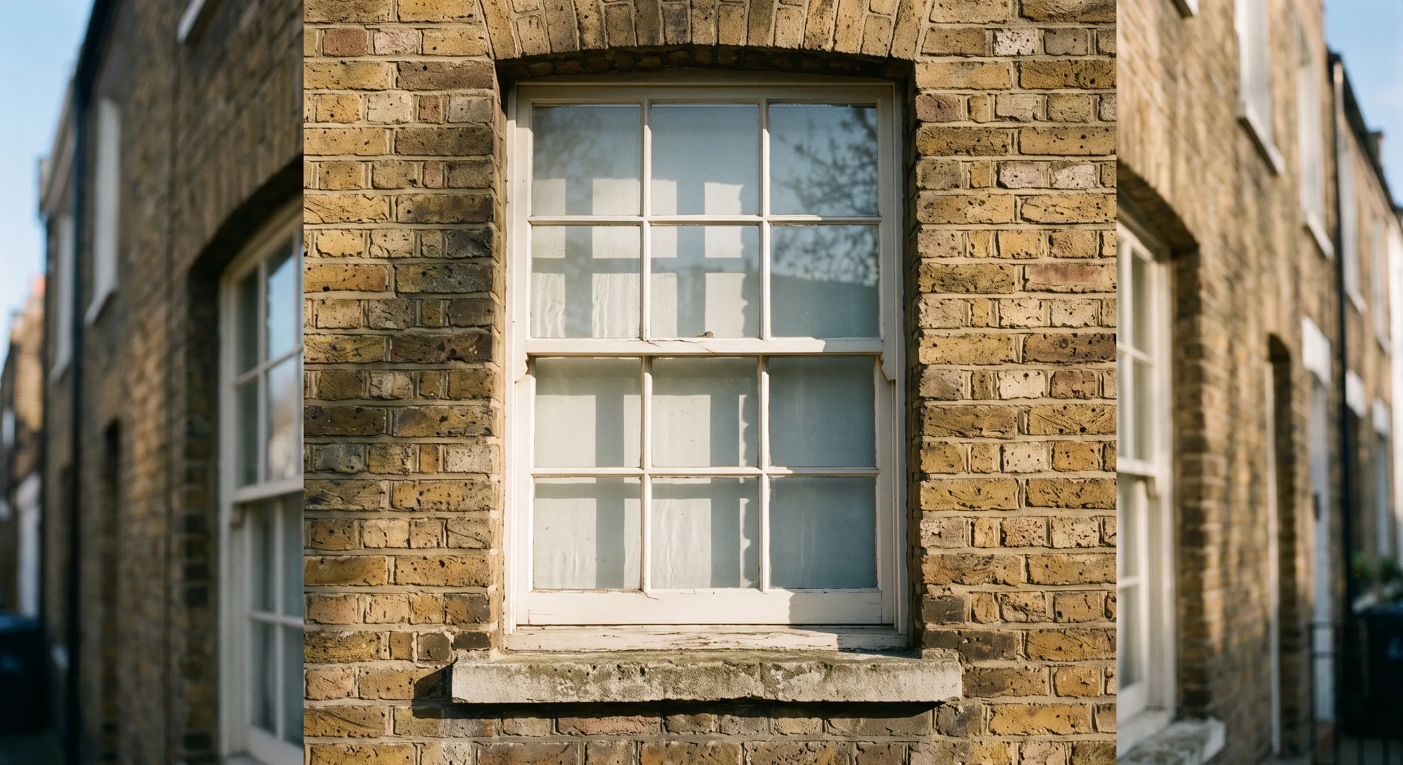 A Georgian box sash window set in stock brickwork, with slim glazing bars and a painted timber frame.