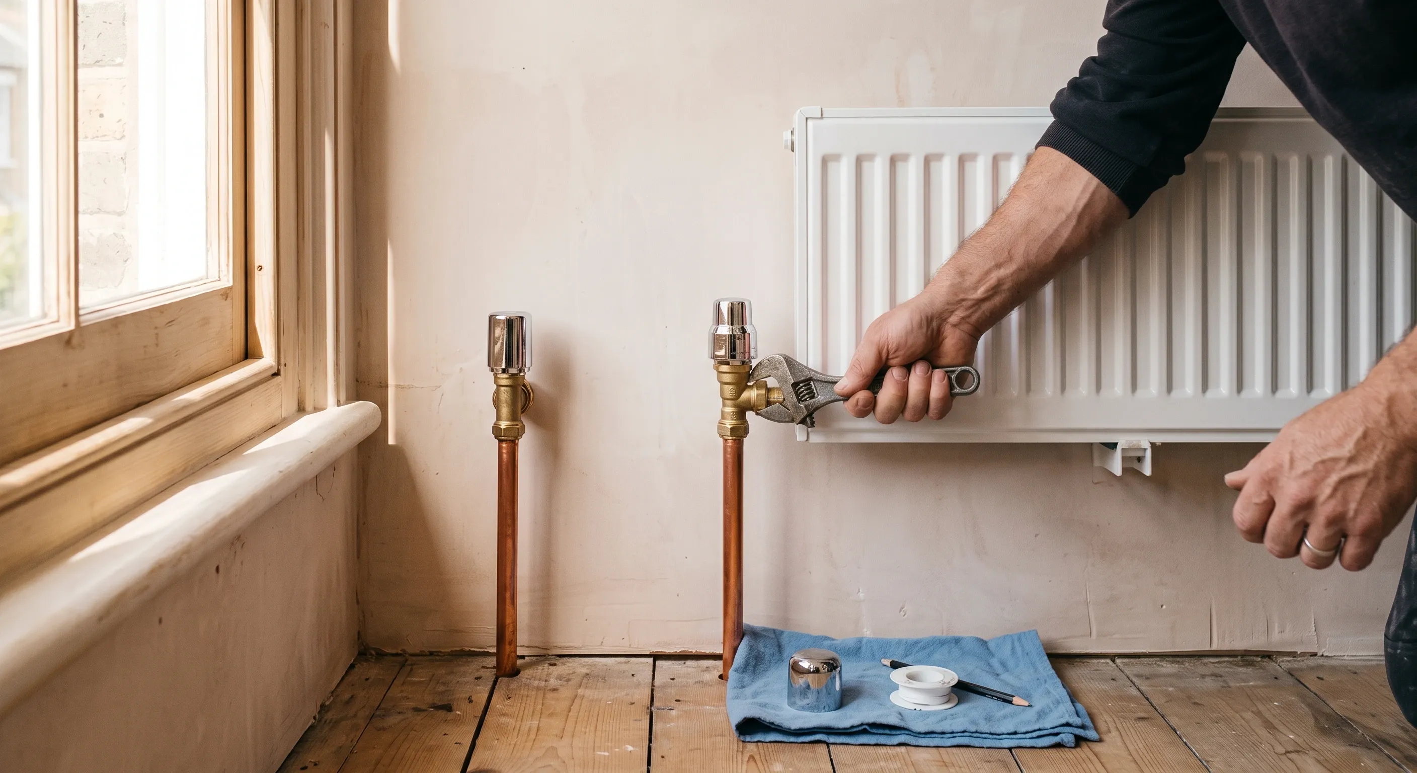 A plumber's hands tightening a radiator valve where two new copper pipes rise to a newly hung radiator.